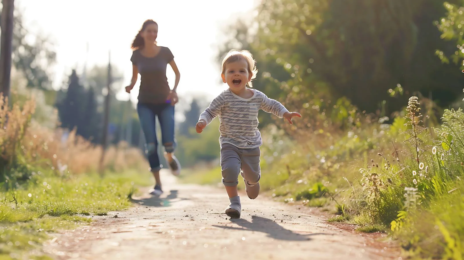 Joyful mother chasing smiling toddler along path — free download from Dotvec