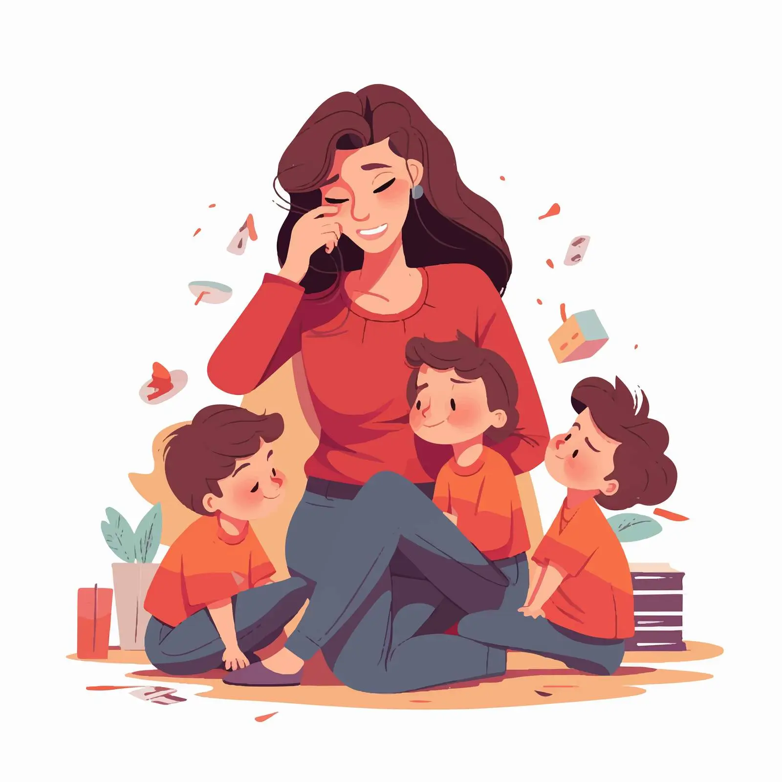 Tired Mother with Many Children Vector Illustration — free download from Dotvec