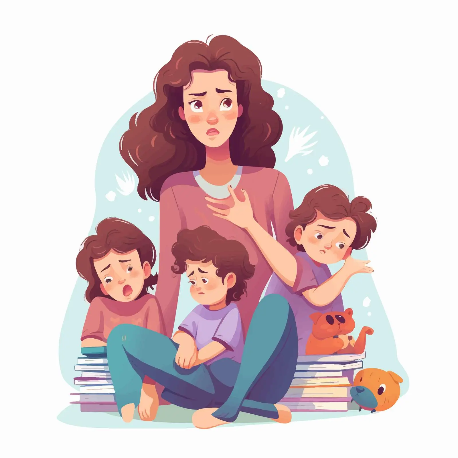 Tired Mother with Many Children Vector Illustration — free download from Dotvec