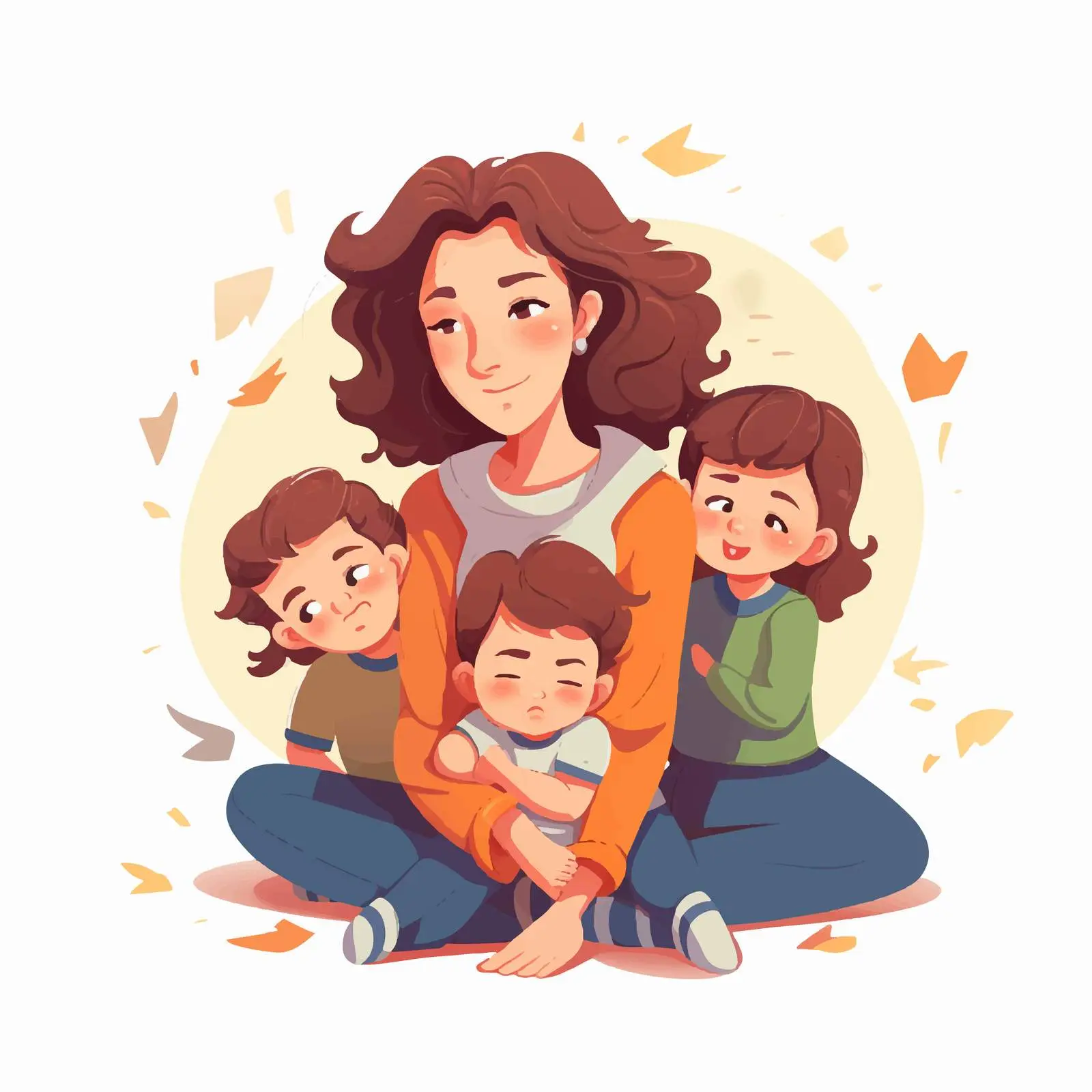 Tired Mother with Many Children Vector Illustration — free download from Dotvec