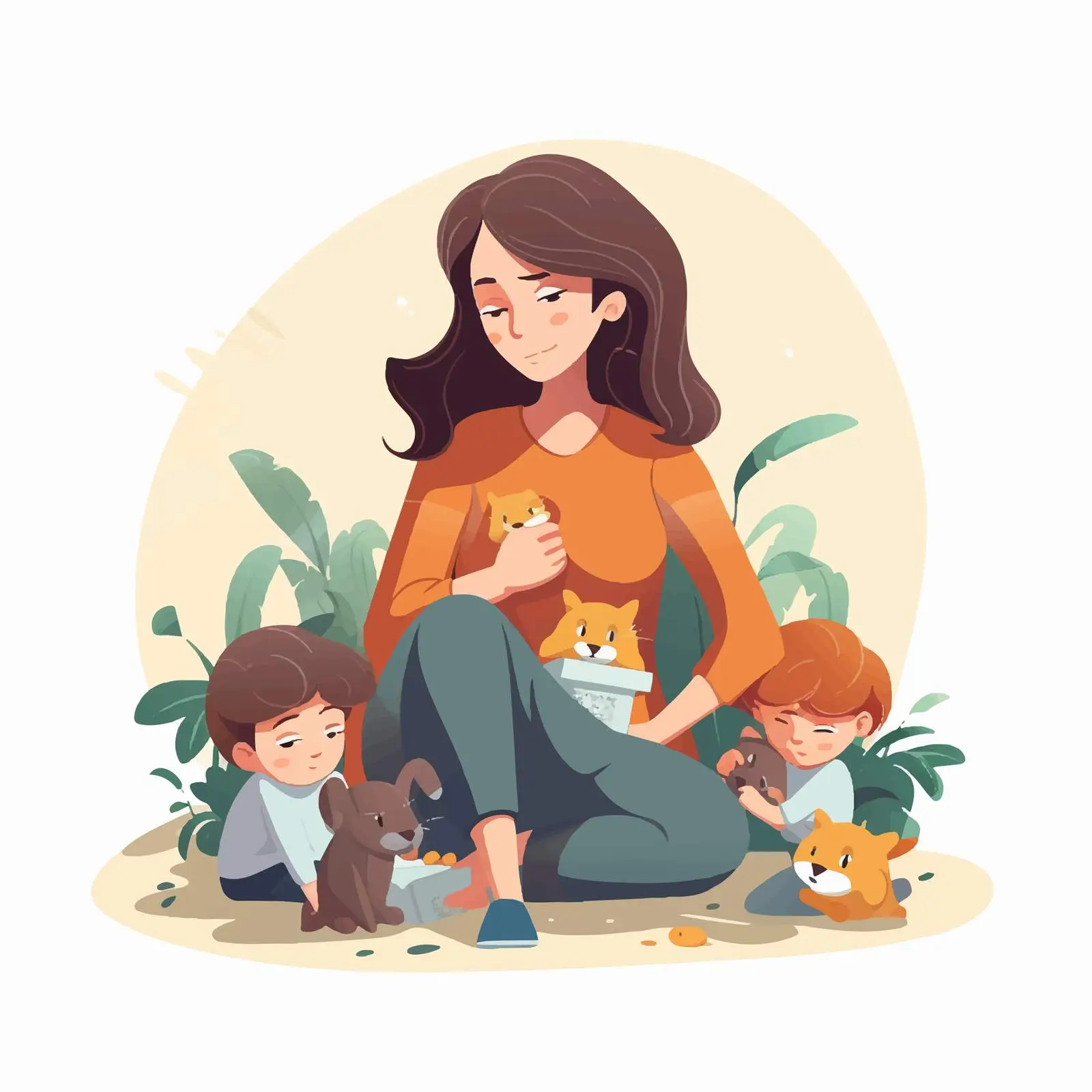Tired Mother with Children Vector Illustration — free download from Dotvec