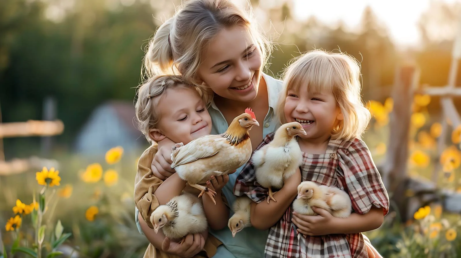Family with chicks on organic farm — free download from Dotvec