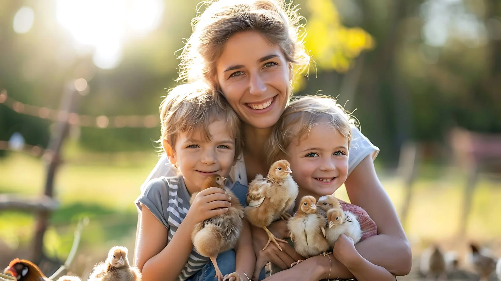 Mother and Kids with Chicks on Farm — free download from Dotvec