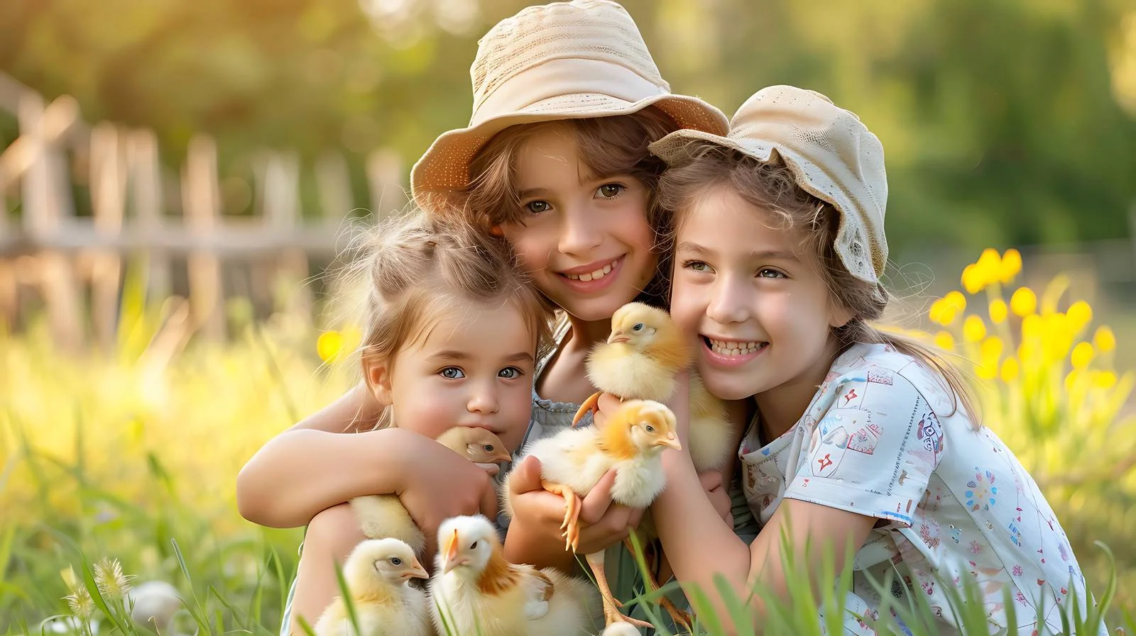 Mother and children with young chicks on farm — free download from Dotvec