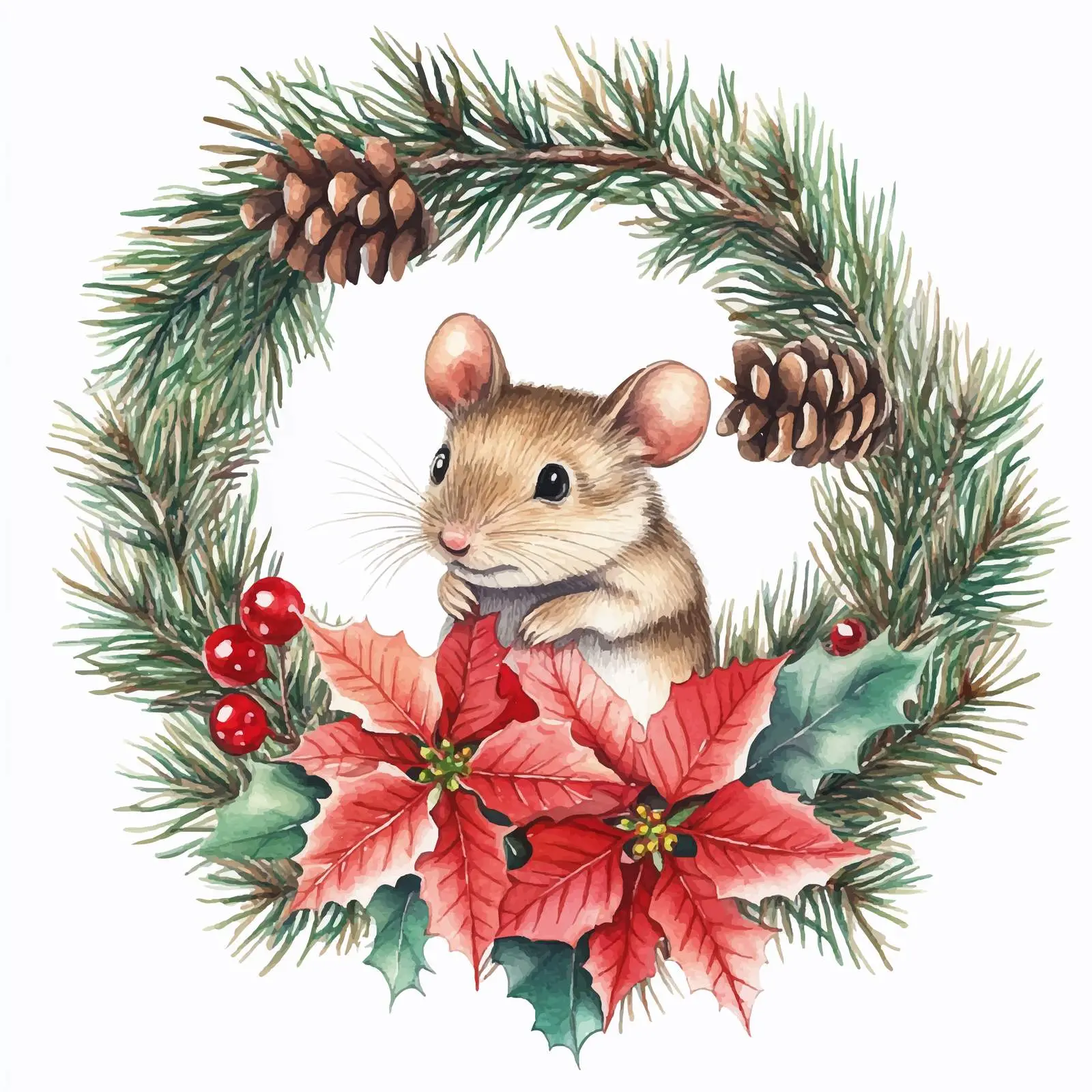 Mouse in a Round Frame with Spruce and Poinsettia — free download from Dotvec
