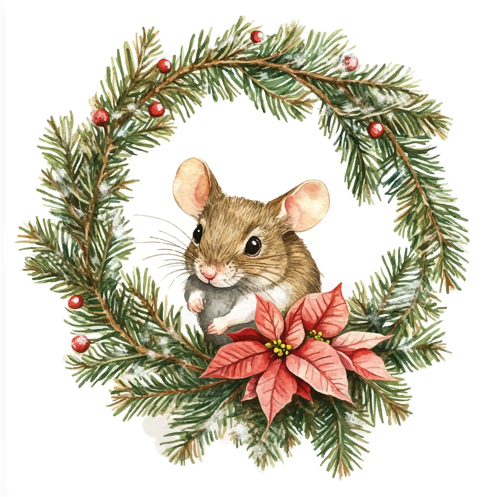 Mouse in Spruce Frame with Poinsettia — free download from Dotvec