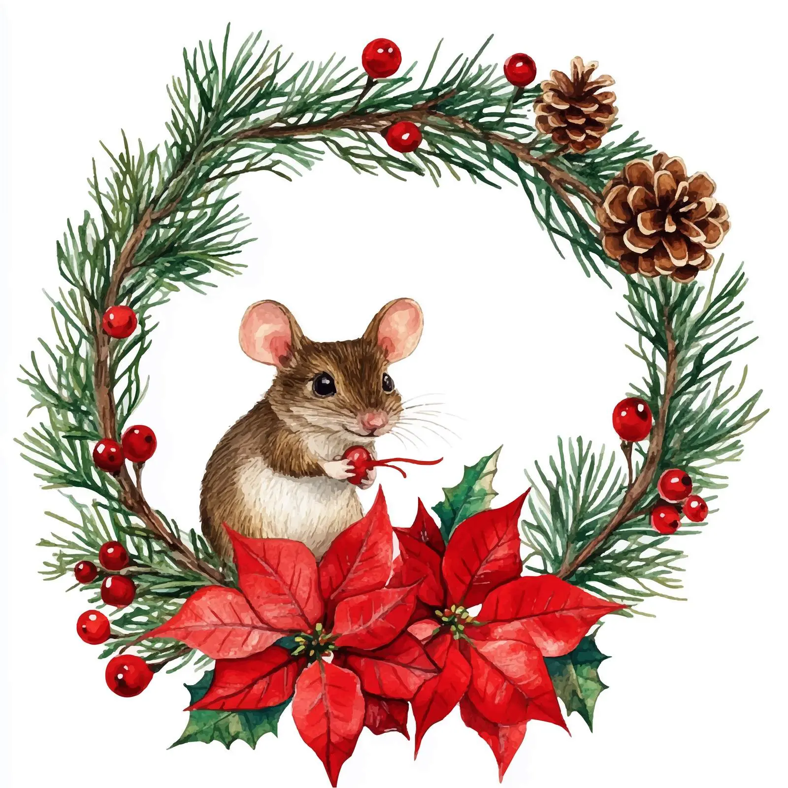Mouse in Spruce Branches and Poinsettia Frame — free download from Dotvec