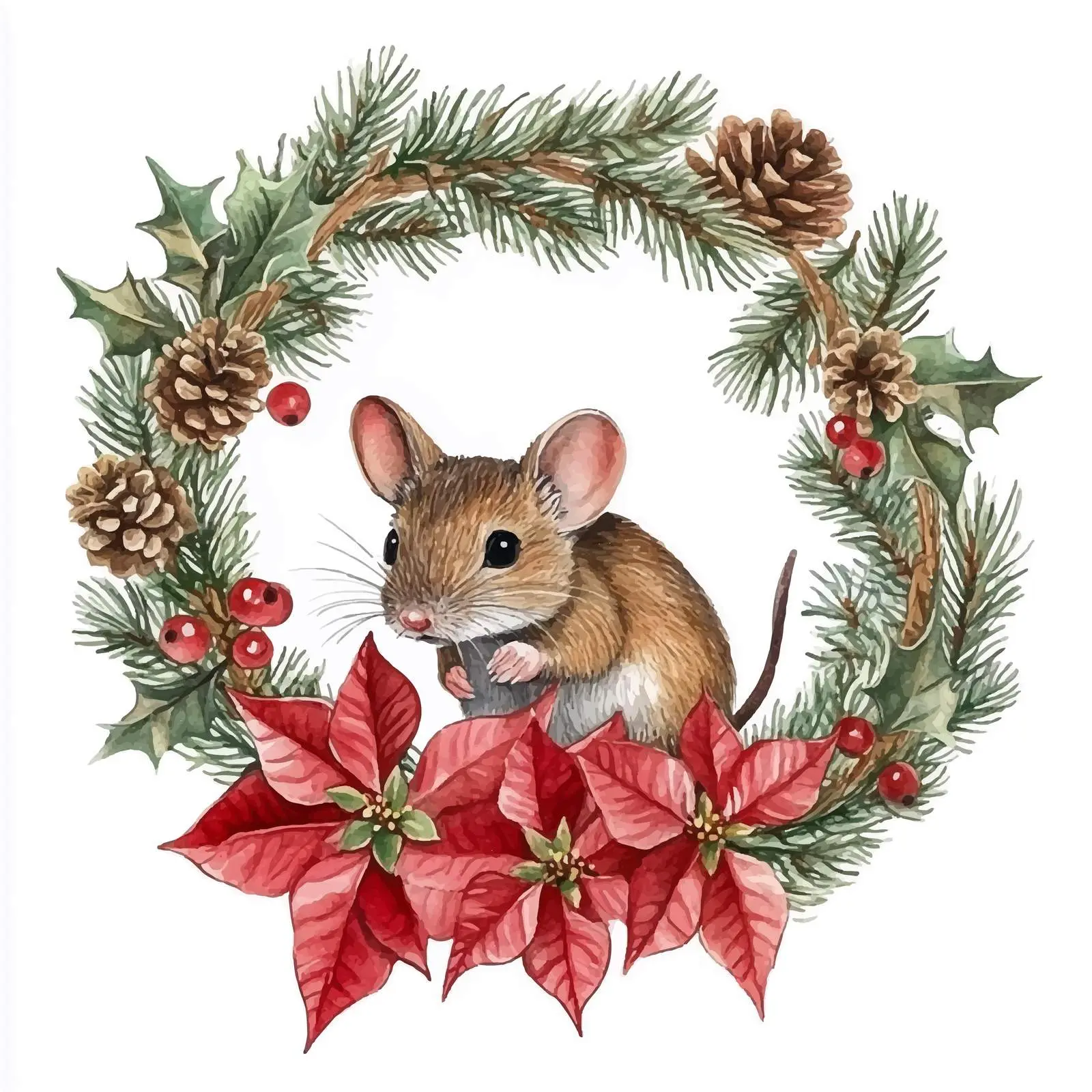 Watercolor Mouse in Spruce Branch Frame – free studio art image from Dotvec