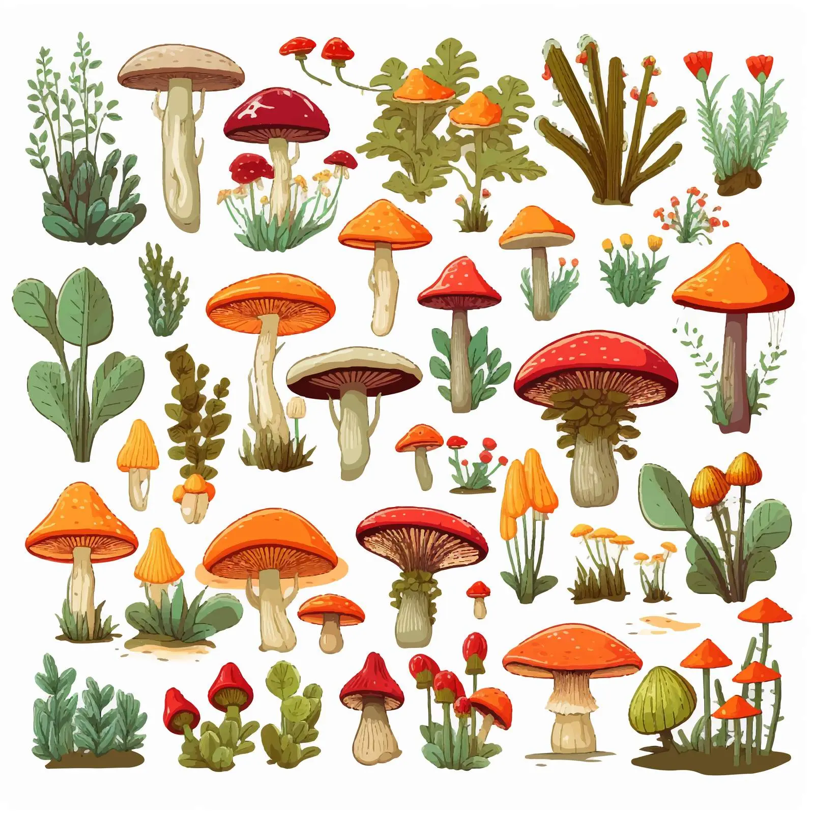 Cartoon Mushrooms and Plant Vector Illustrations — free download from Dotvec