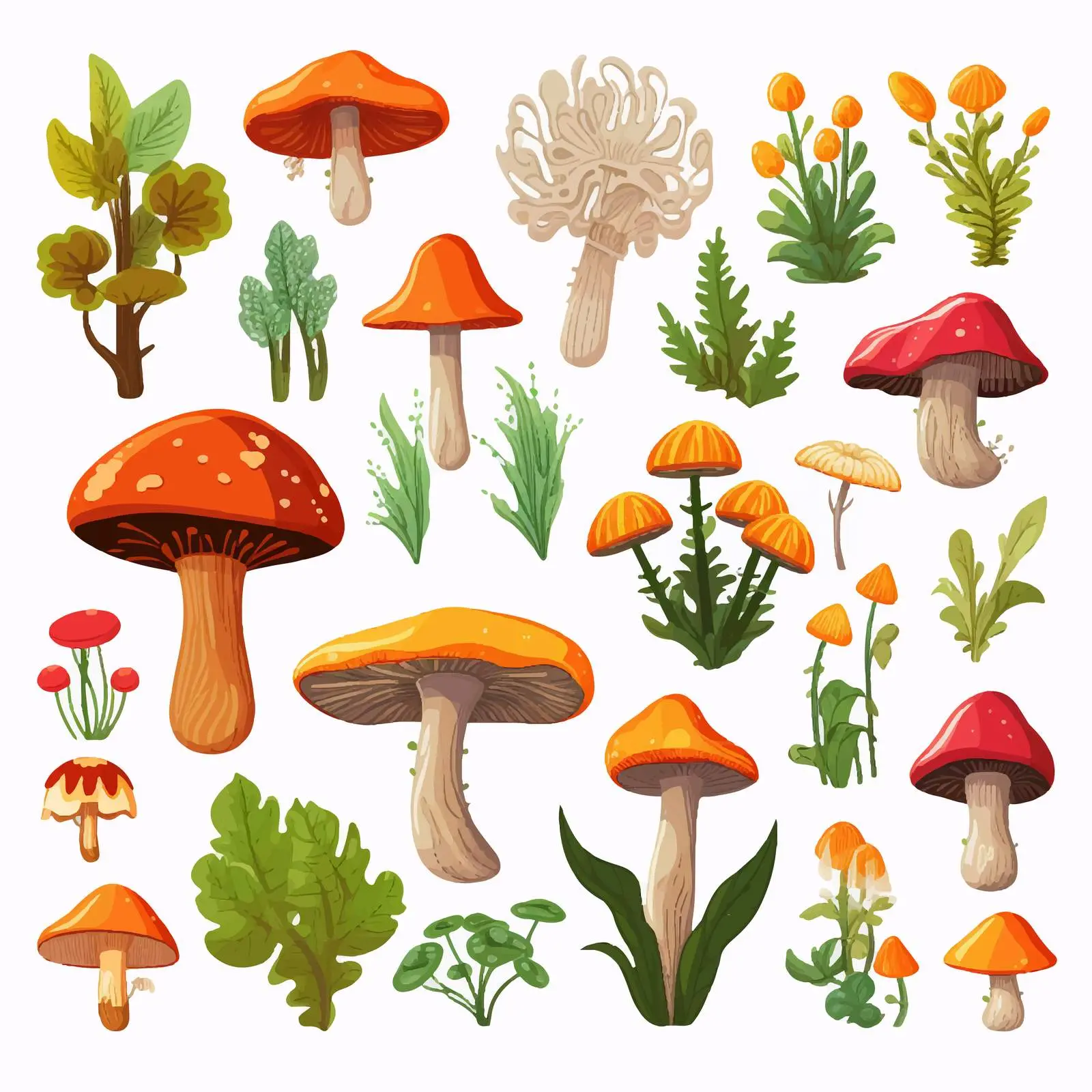 Cartoon Mushrooms and Plants Vector Illustration — free download from Dotvec