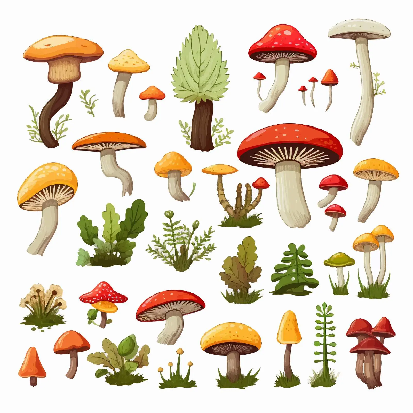 Cartoon Mushrooms and Various Plant Vectors — free download from Dotvec