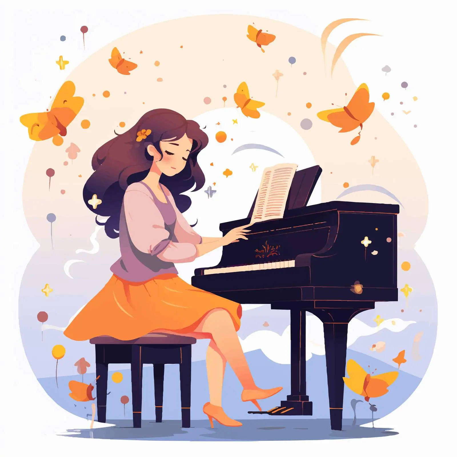 Girl Playing Piano with Musical Melody Symbols — free download from Dotvec