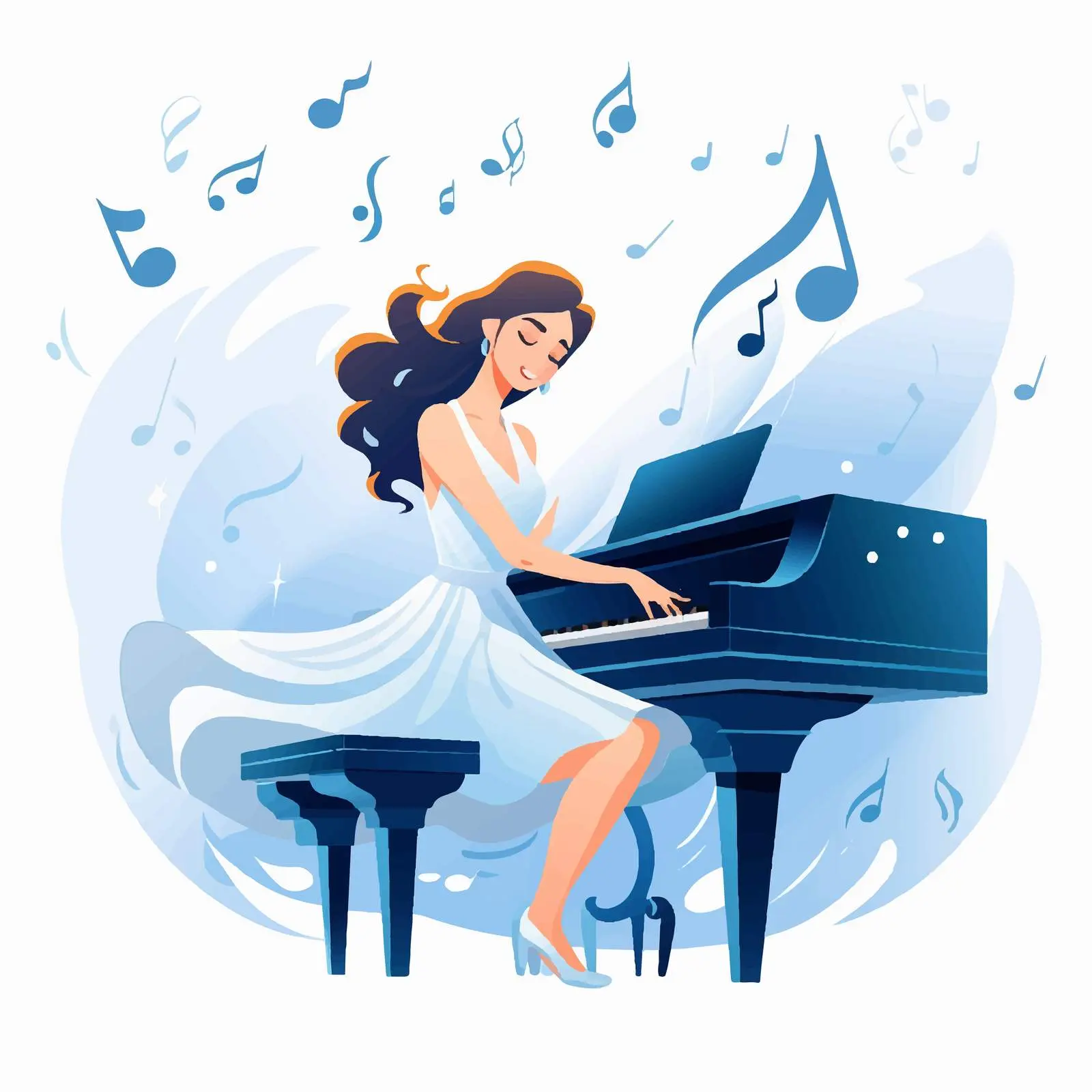 Girl Playing Piano with Musical Melody Symbols – free music composition image from Dotvec