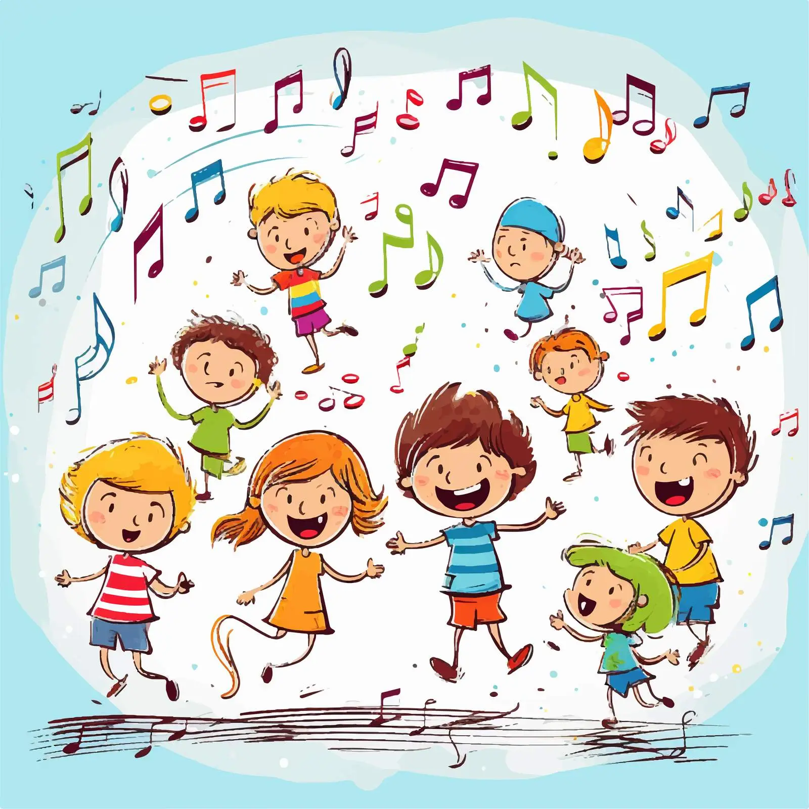 Colorful Cartoon Kids with Musical Melody Symbols – free music and art image from Dotvec