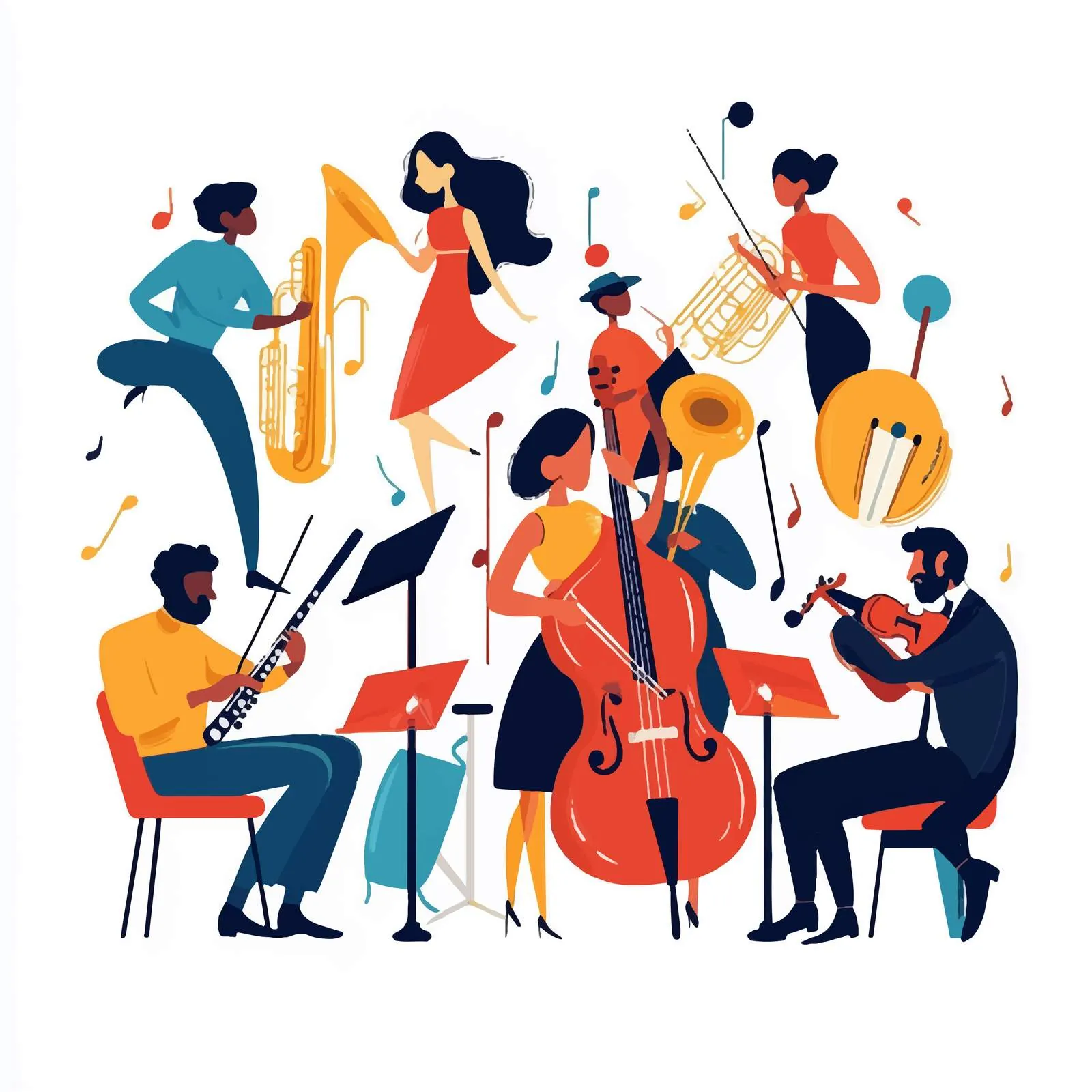Musicians Playing Instruments in Orchestra Vector Art — free download from Dotvec