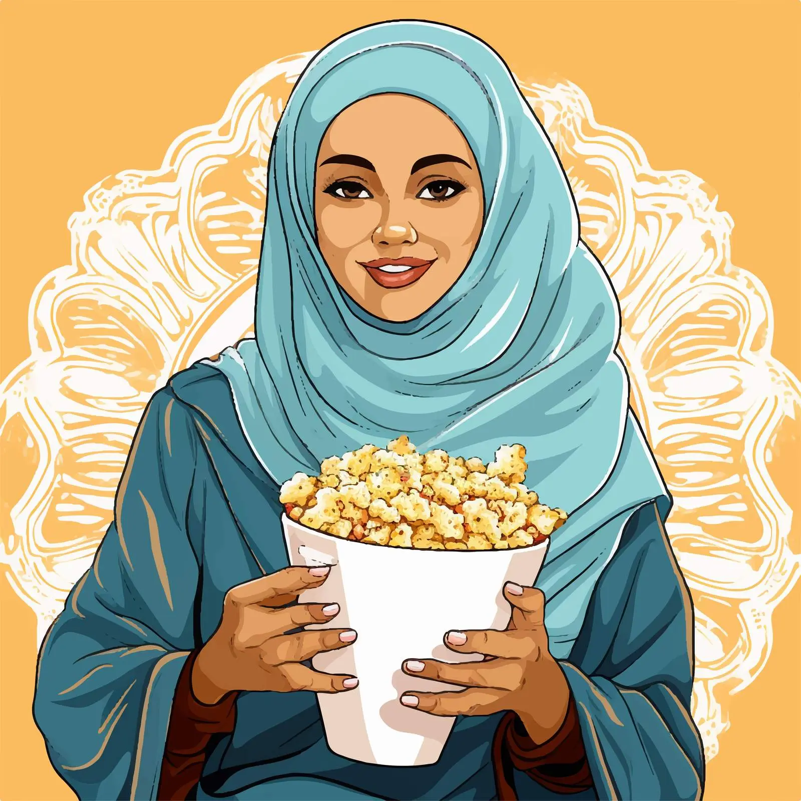 Cartoon Muslim Girl Enjoying Popcorn Illustration — free download from Dotvec