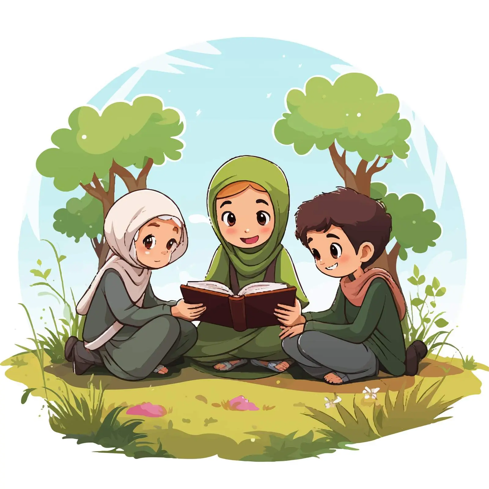 Muslim Kids Reading Book in Nature Illustration — free download from Dotvec