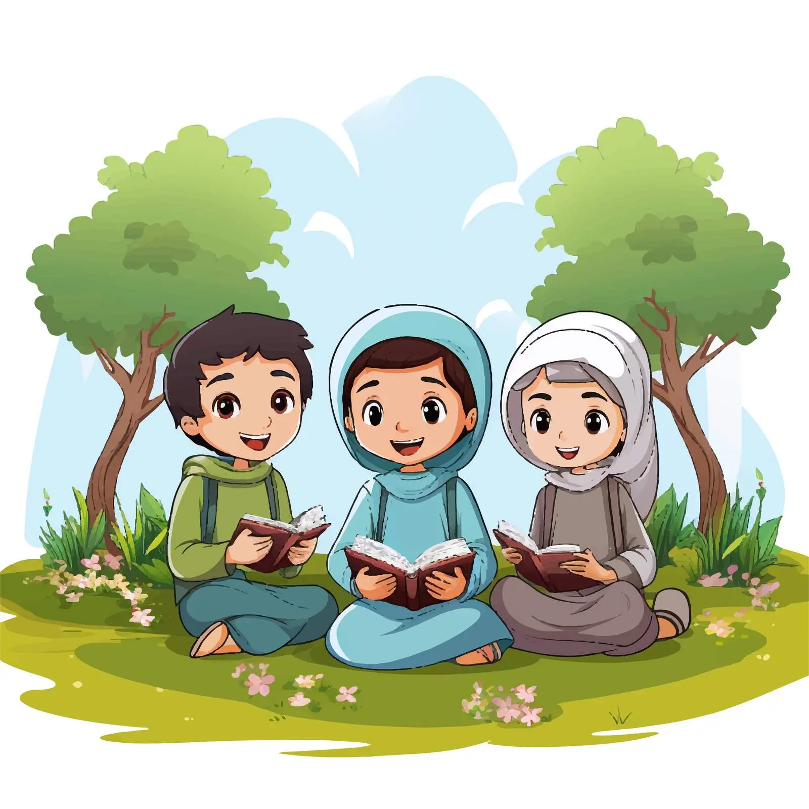 Muslim Kids Reading Book in Nature Illustration — free download from Dotvec
