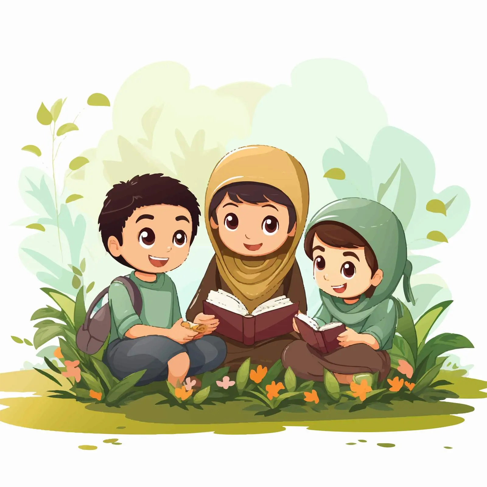 Muslim Kids Reading Book in Nature Illustration — free download from Dotvec
