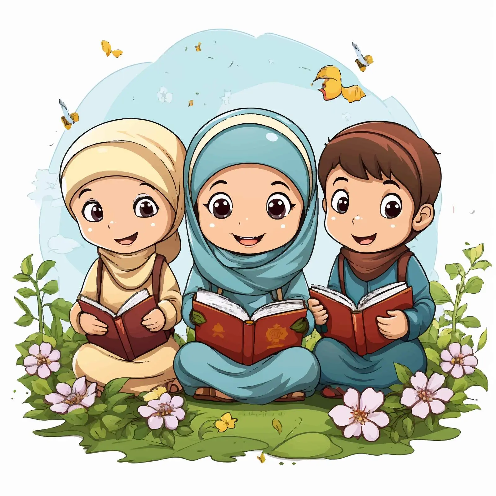 Muslim Kids Reading in Nature Illustration — free download from Dotvec
