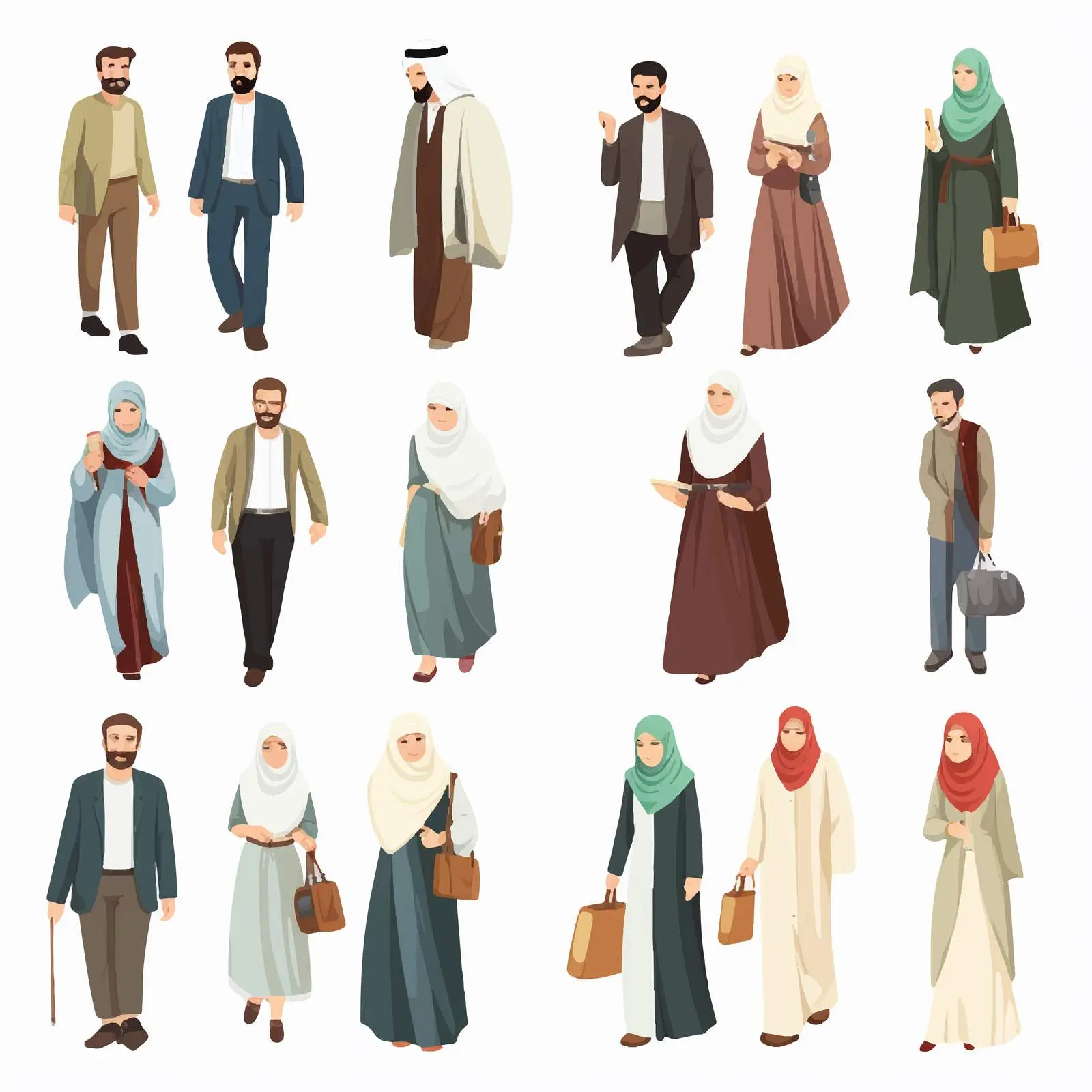 Muslim People Engaging in Various Actions Illustration – free globalization image from Dotvec