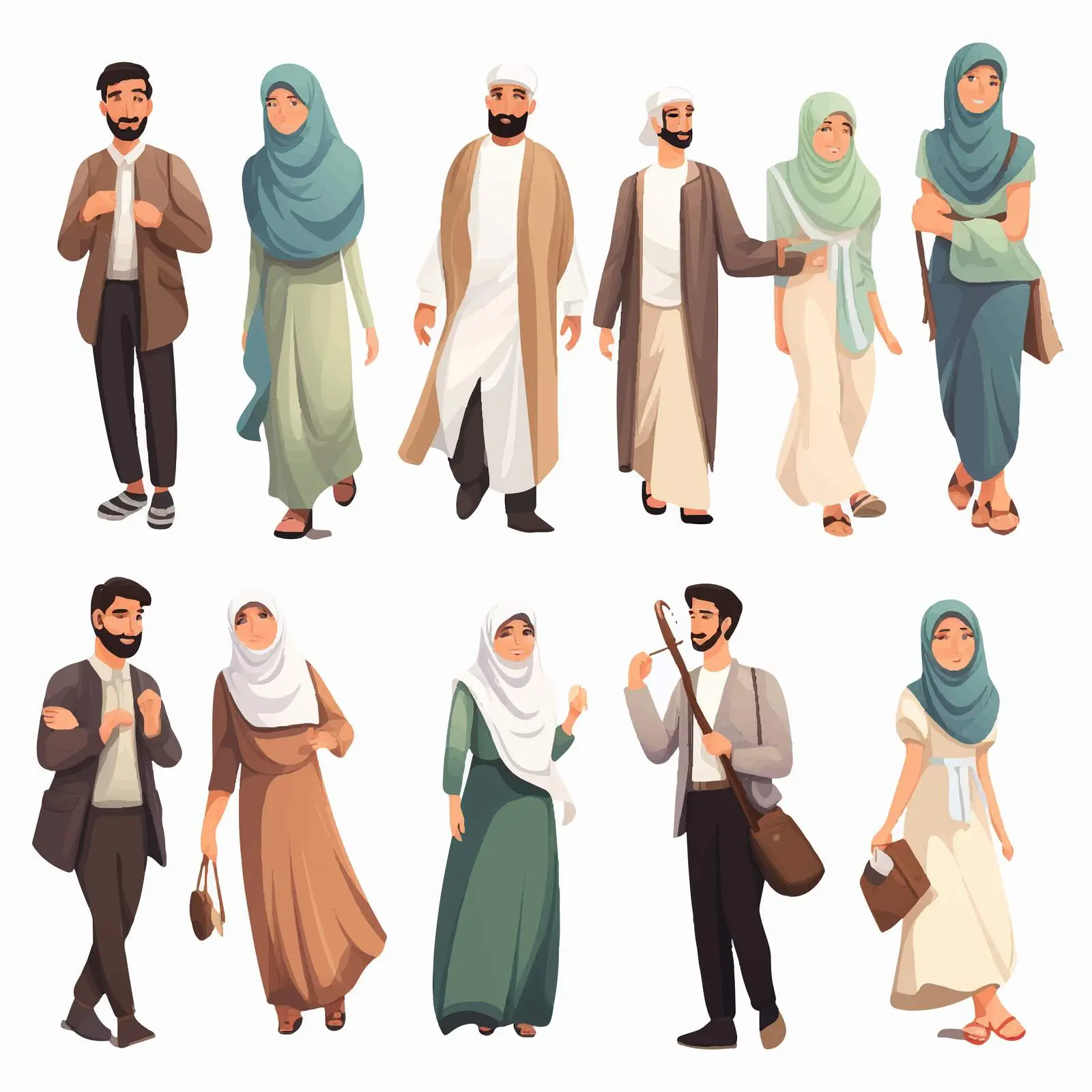 Muslim People in Various Actions Illustration — free download from Dotvec