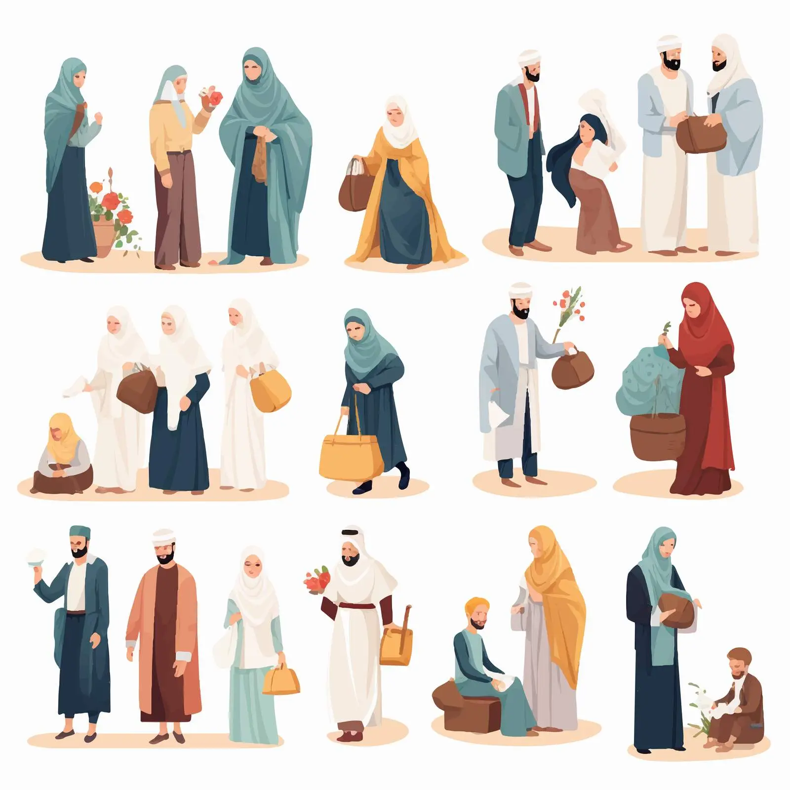 Muslim People in Various Actions Illustration — free download from Dotvec