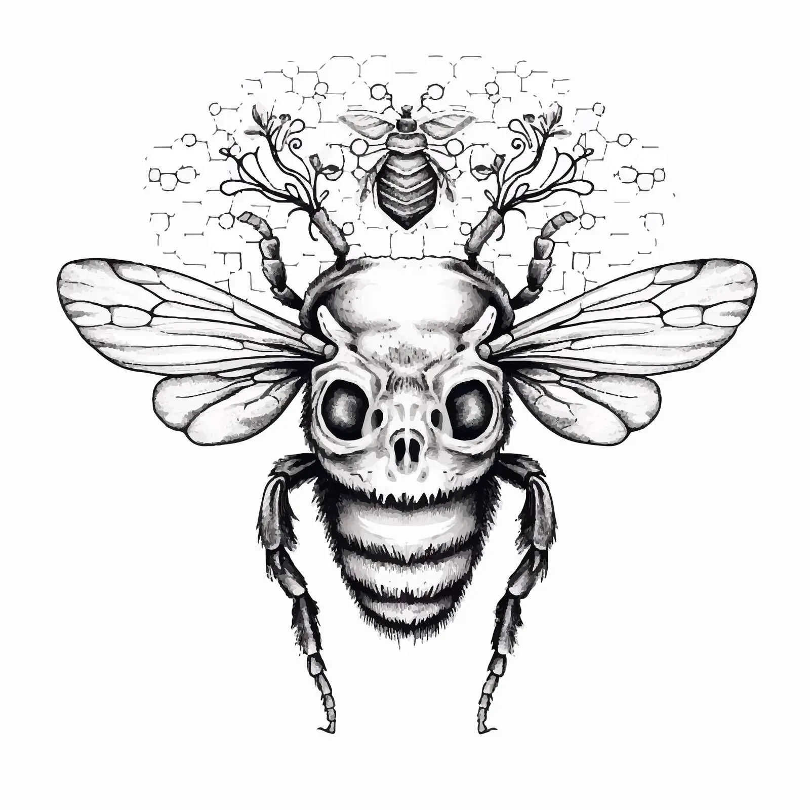 Mystical Bee Skull Contour Vector Art — free download from Dotvec