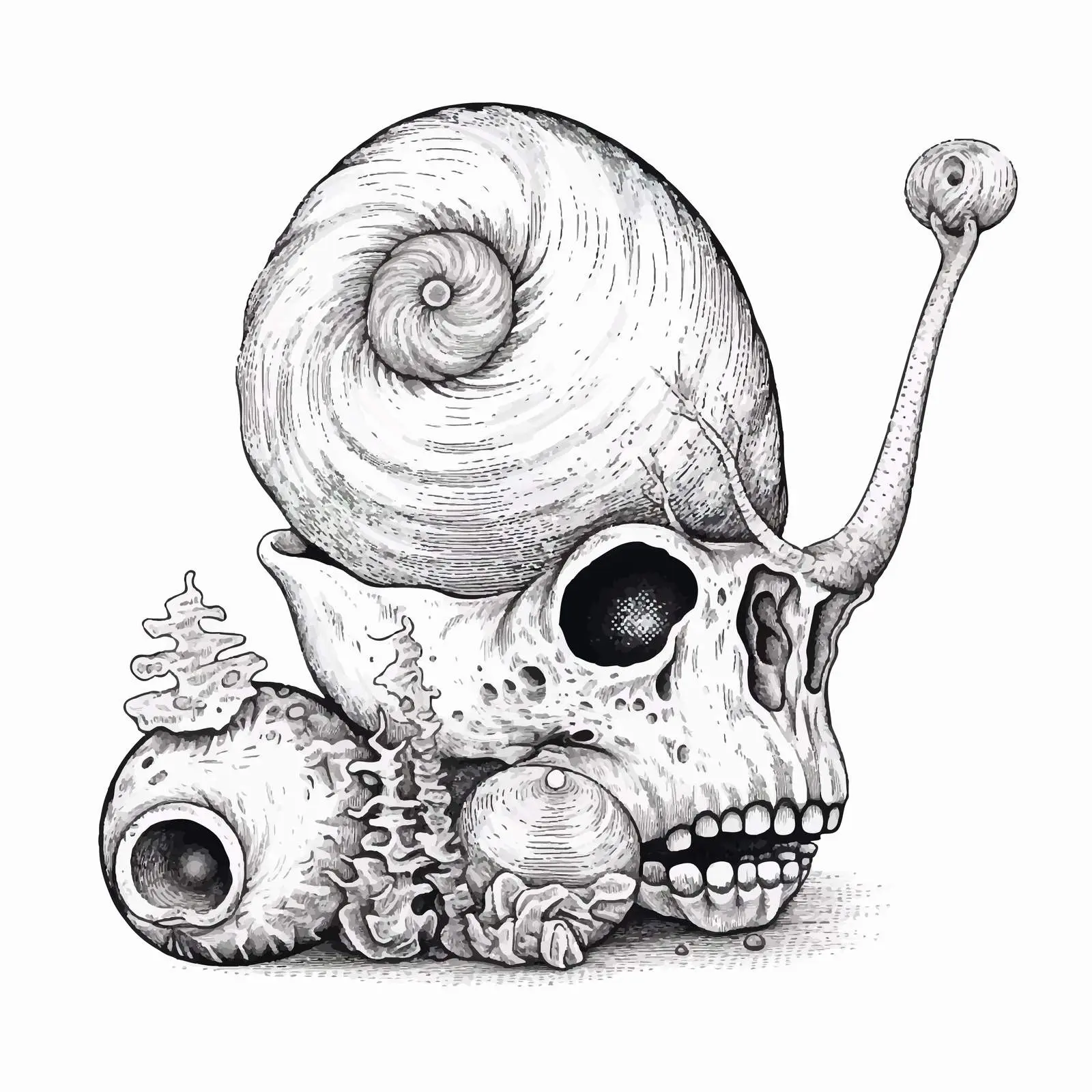 Mystical Snail with Skull Contour Drawing – free contour drawing image from Dotvec