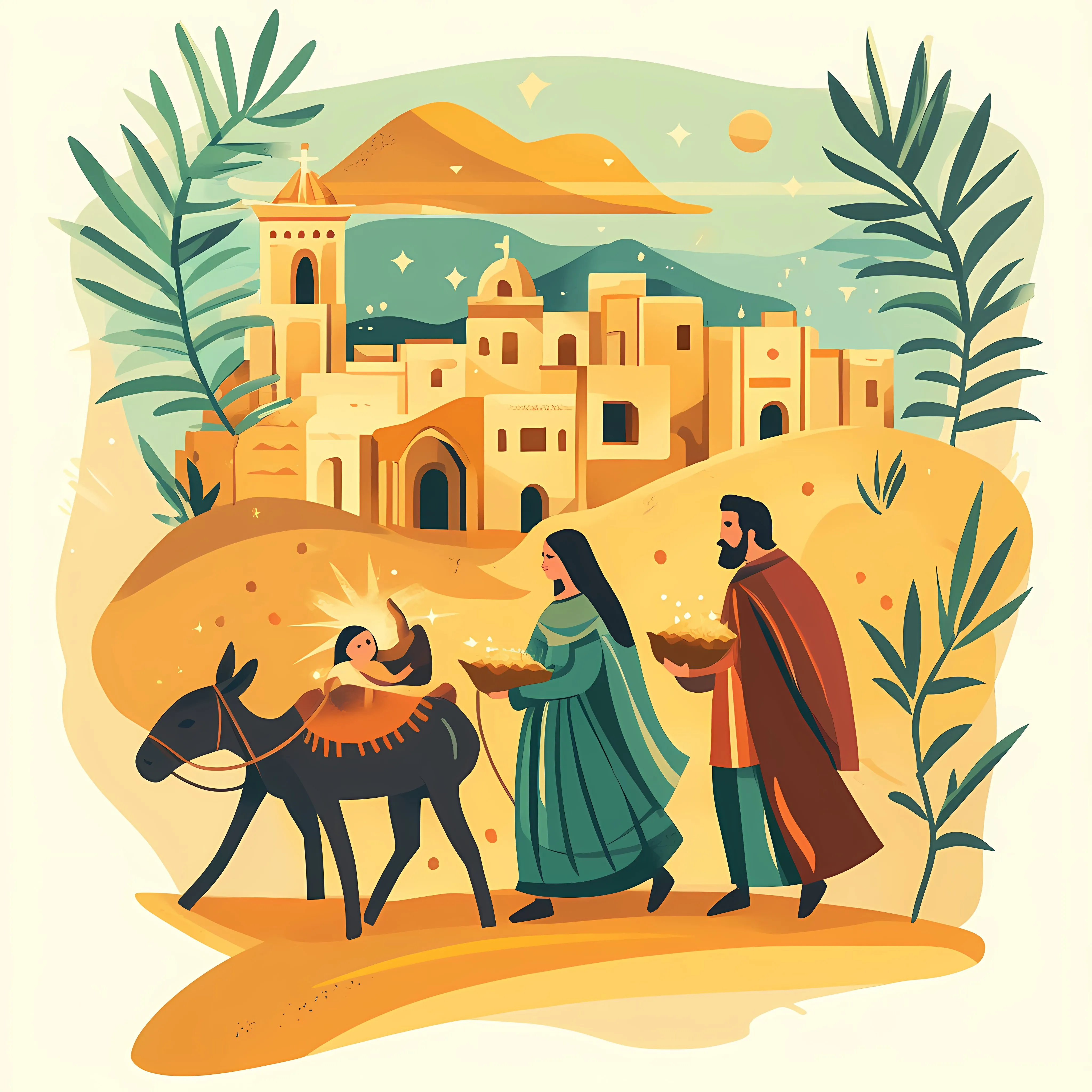 Joseph and Mary Traveling with Donkey in Desert — free download from Dotvec
