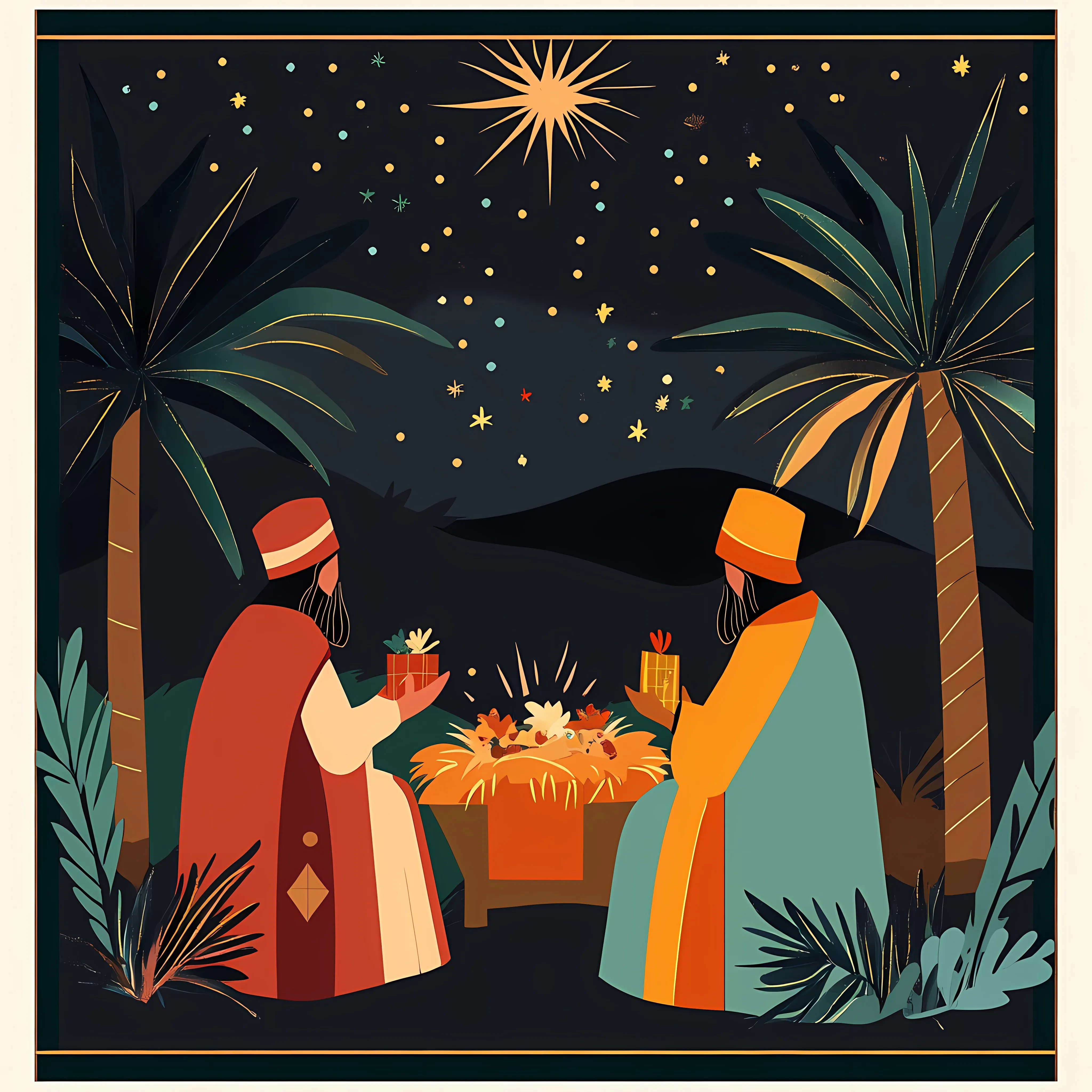 Three Wise Kings with Gifts in Night Manger — free download from Dotvec