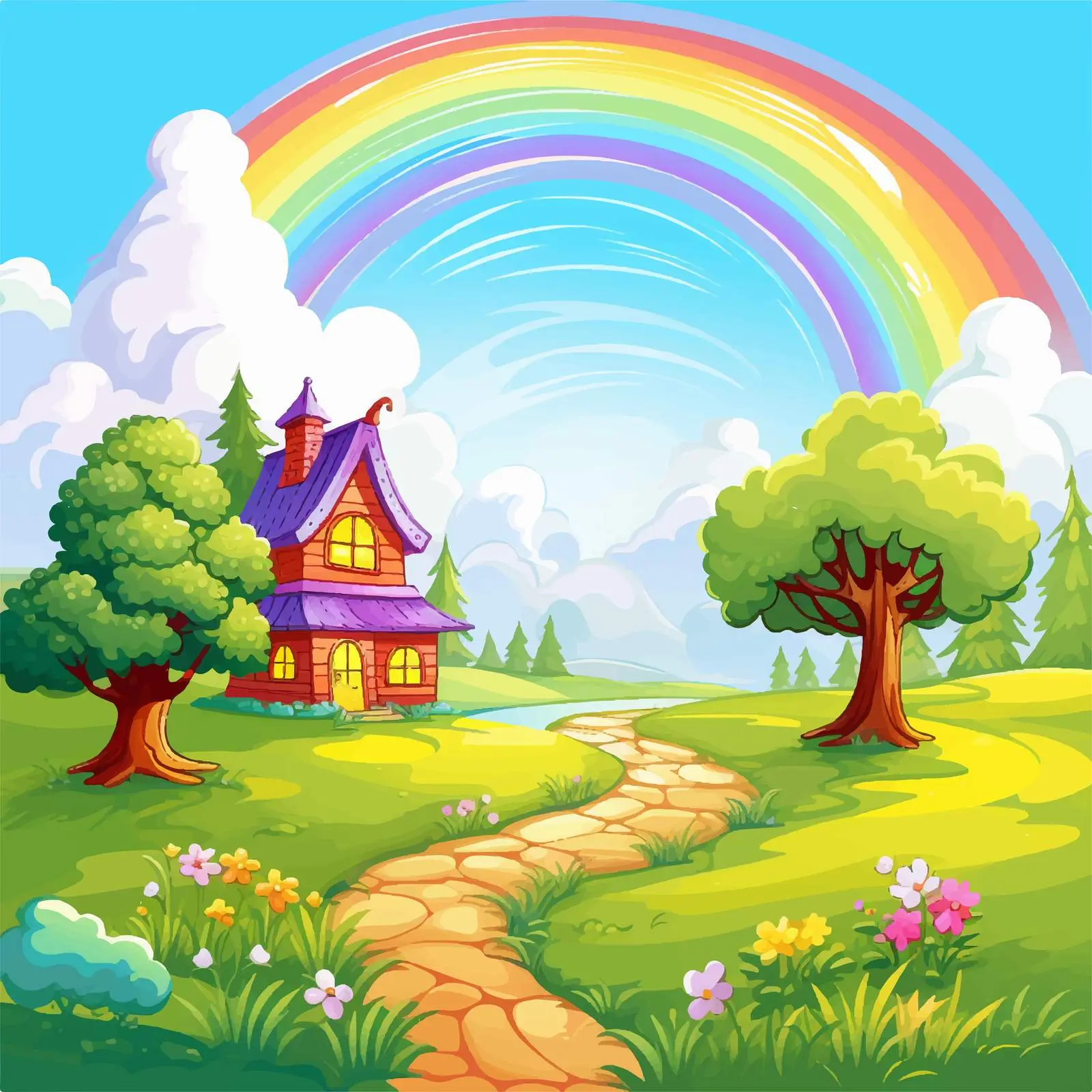 Scenic Landscape with House and Rainbow — free download from Dotvec