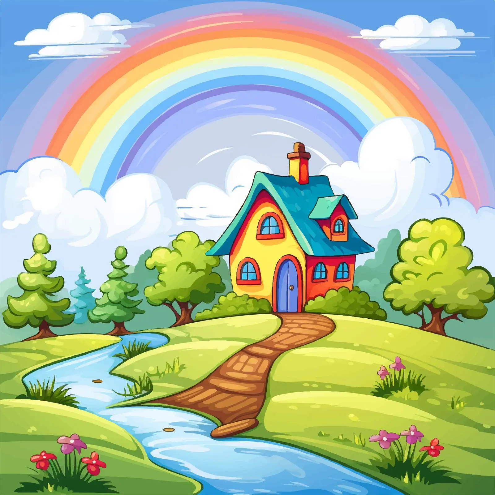 House in Rainbow Landscape Scene — free download from Dotvec