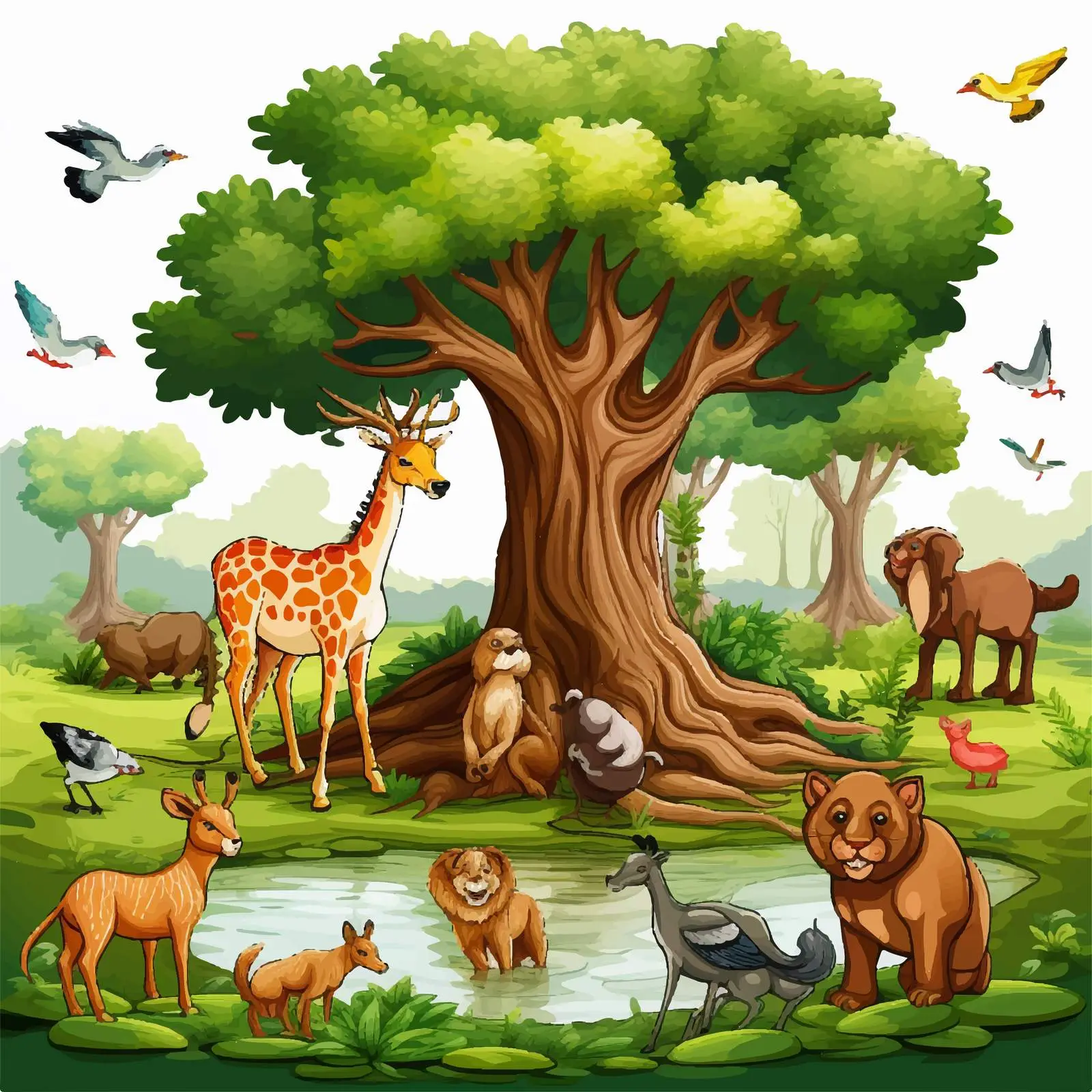 Lush Nature Scene with Trees and Wildlife Illustration — free download from Dotvec