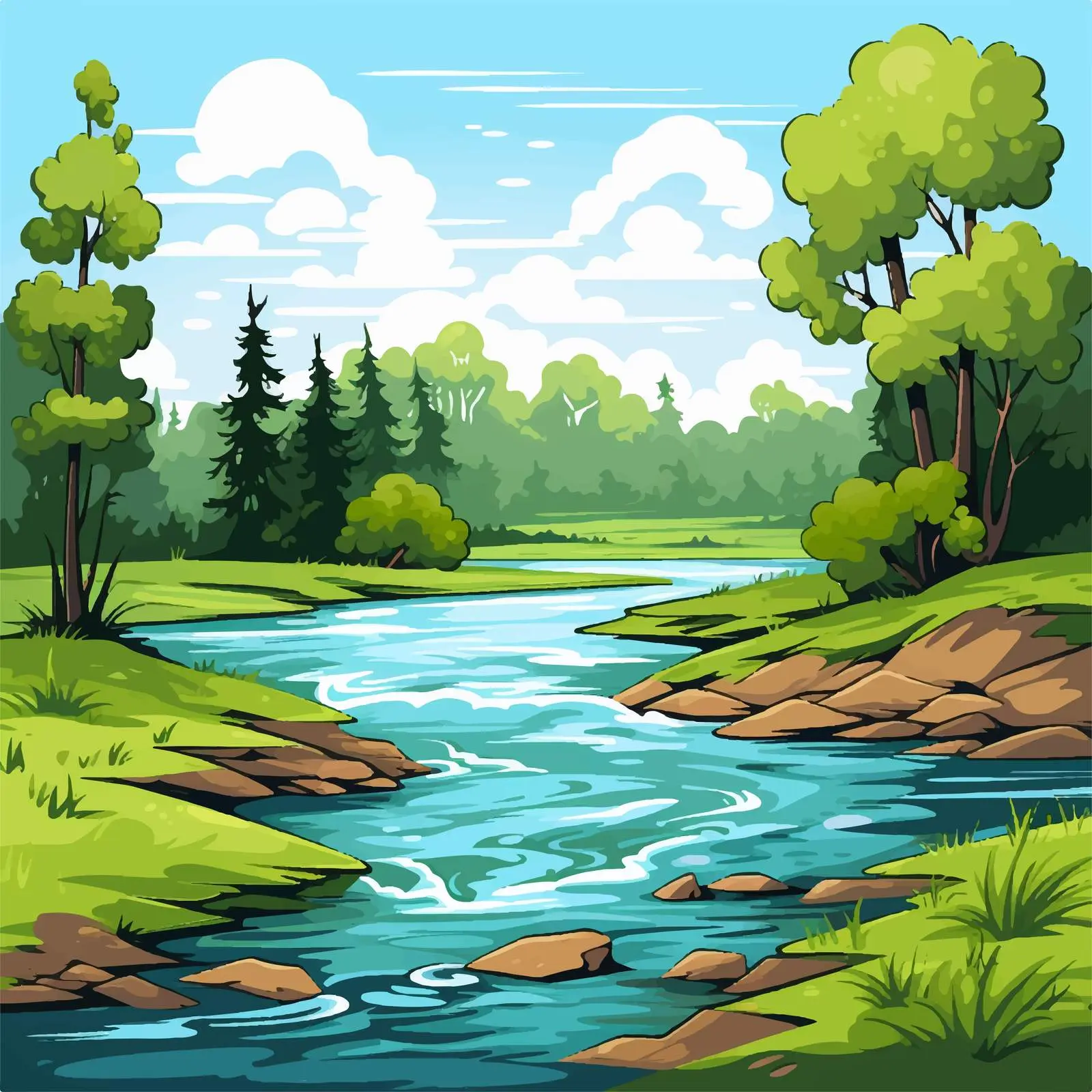 River and Forest Nature Scene Vector Illustration — free download from Dotvec