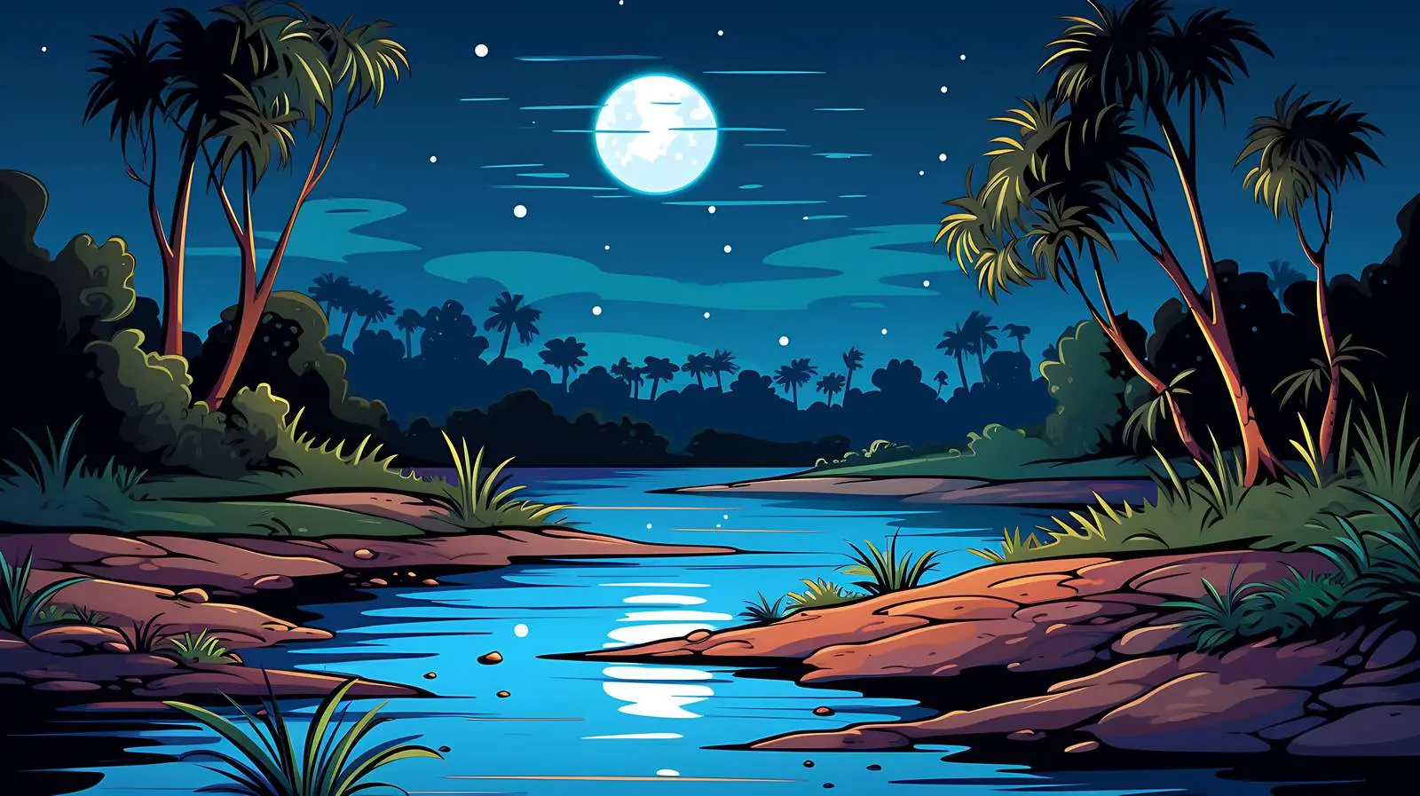 Serene River Night Scene Illustration — free download from Dotvec