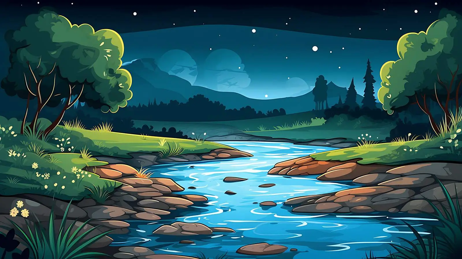 Nocturnal Riverside Nature Illustration — free download from Dotvec