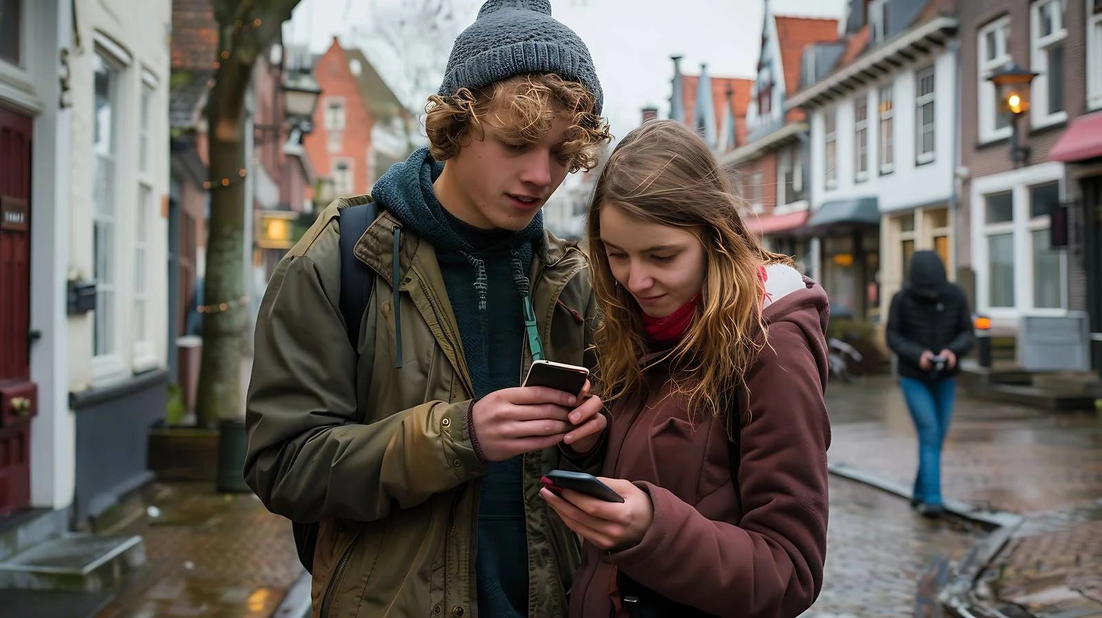 Young Couple in Maastricht Using Cellphone — free download from Dotvec