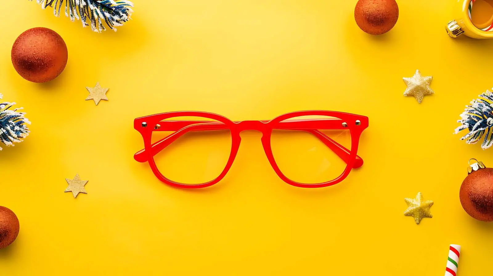 Festive Christmas Eyeglasses on Bright Yellow Background – free optical image from Dotvec