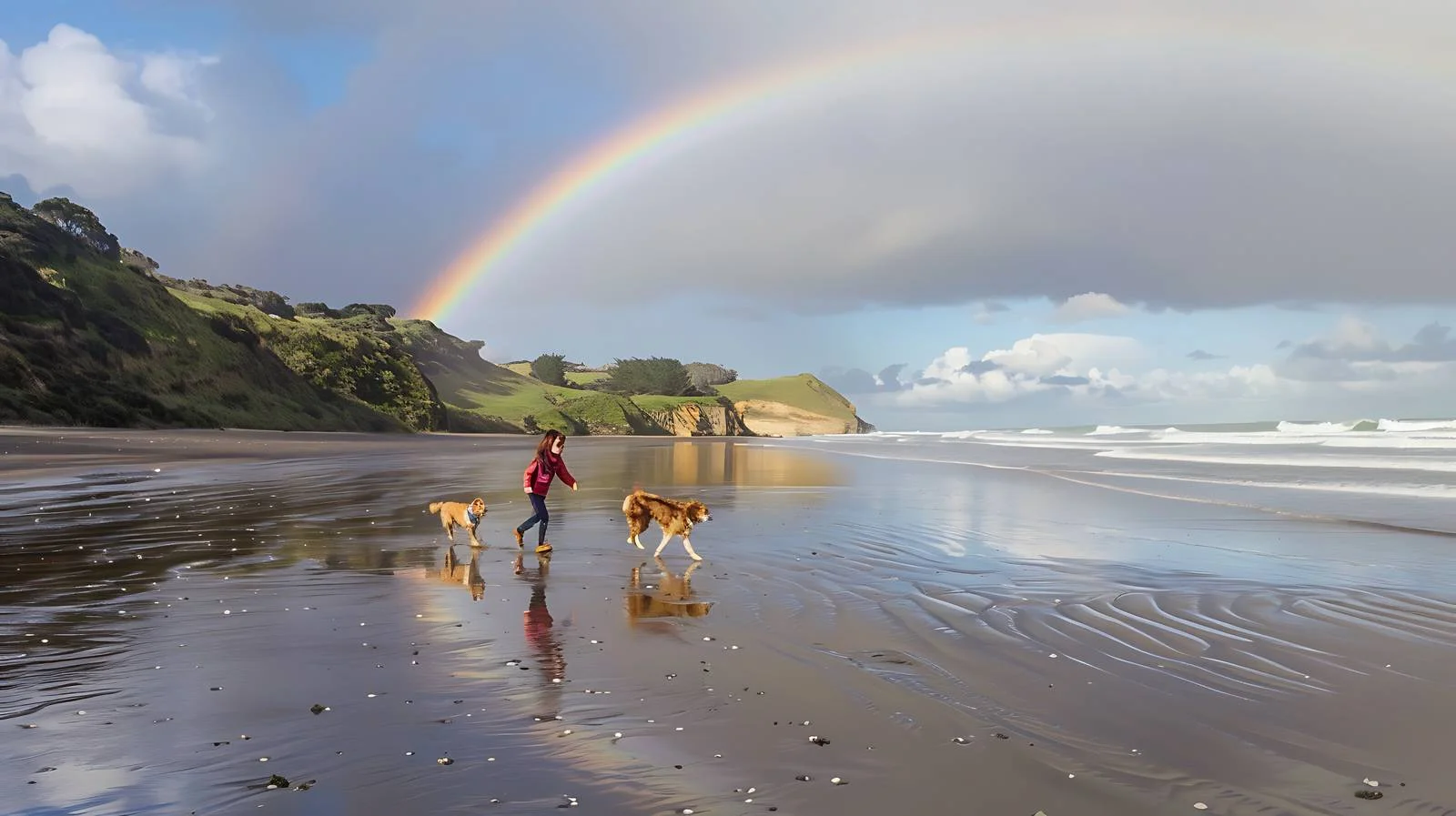 Tranquil New Zealand Shoreline: Kids and Dog Enjoying — free download from Dotvec