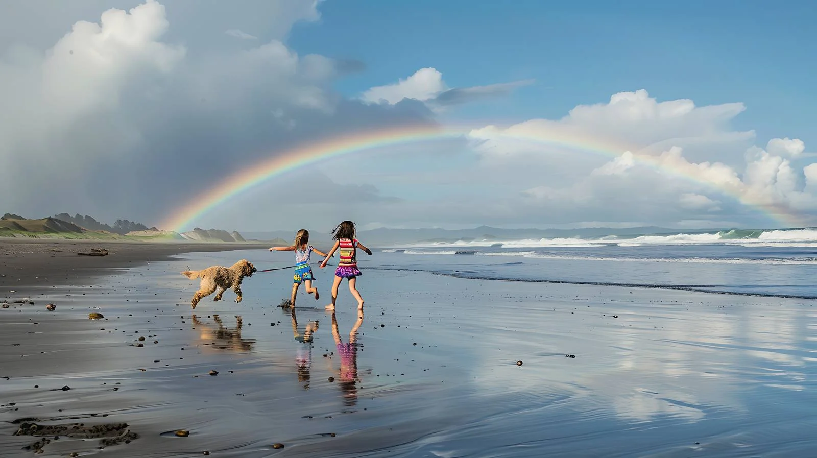 Tranquil New Zealand Beach with Playful Dog — free download from Dotvec