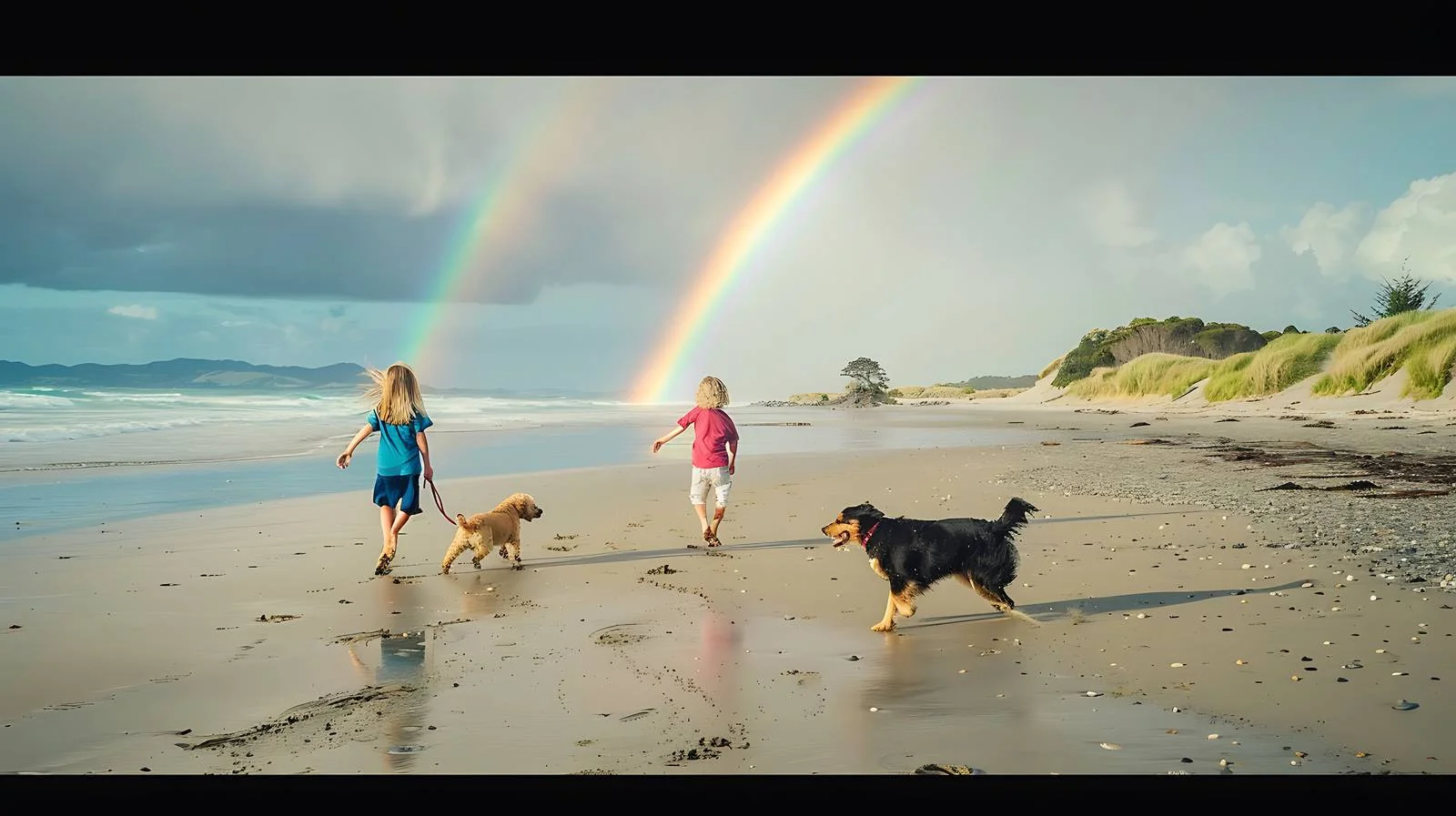 Tranquil New Zealand Beach with Children and Dog Enjoying Run — free download from Dotvec