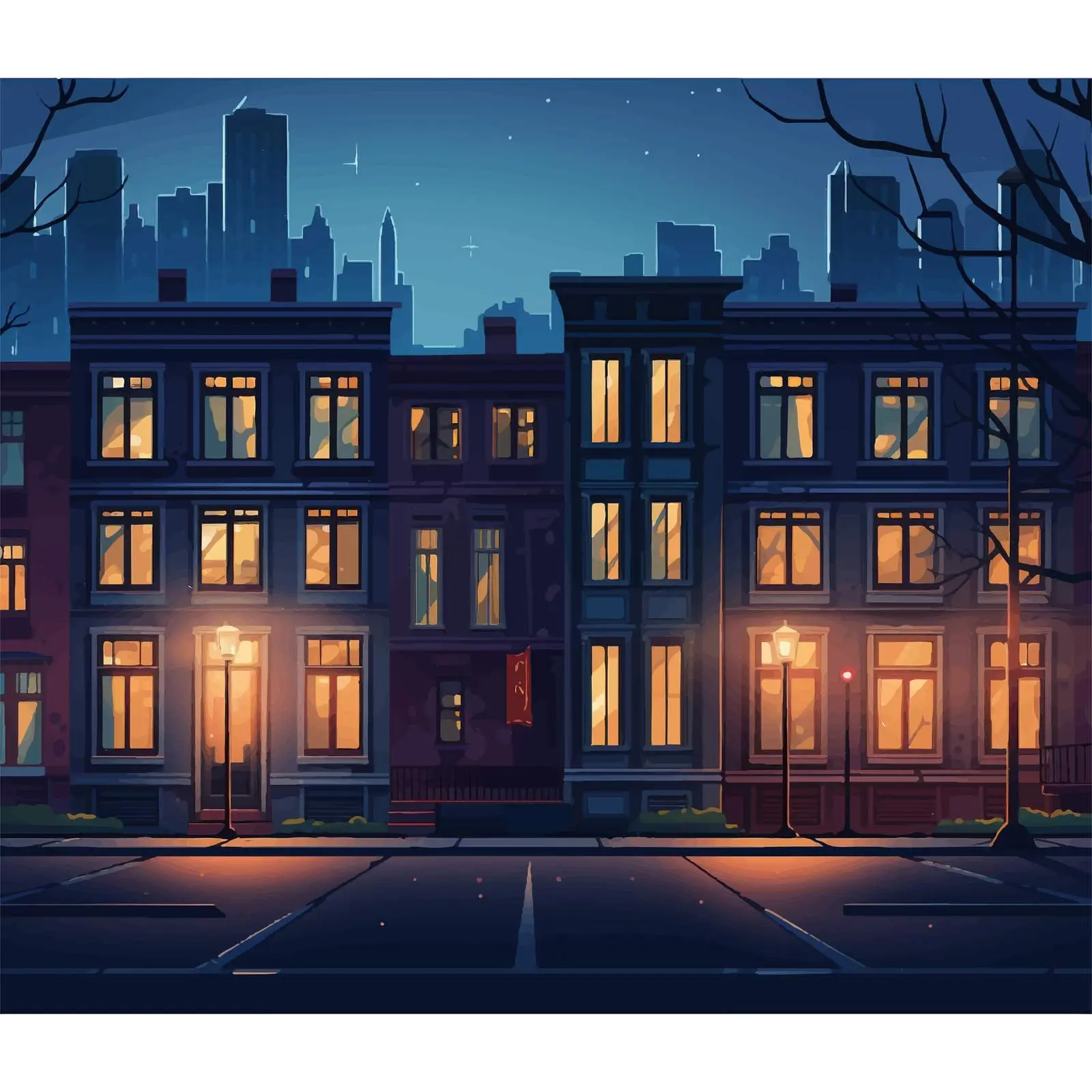 Deserted Night City Street with Illuminated Windows – free dusk image from Dotvec