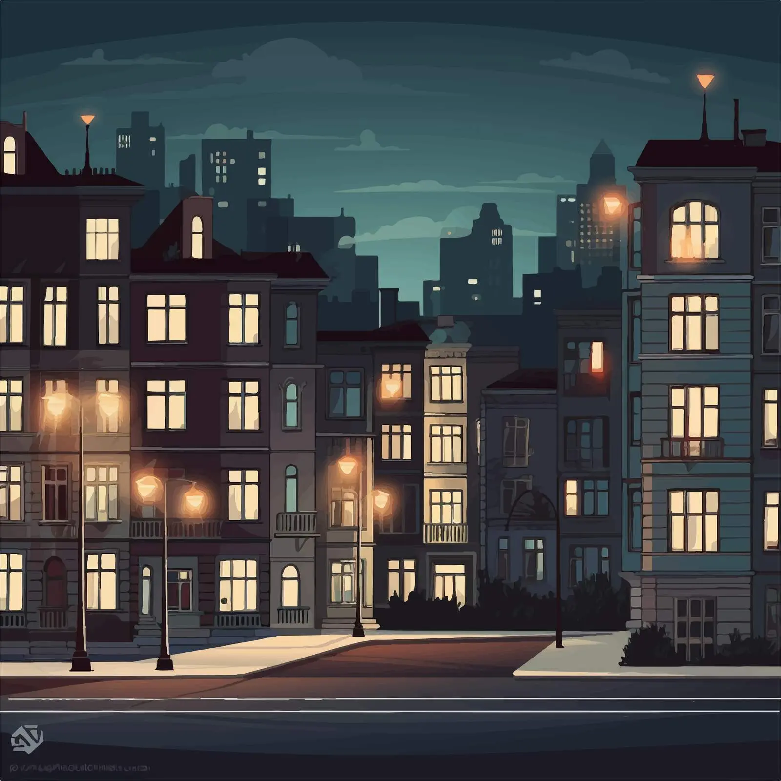 Deserted Night City Street with Illuminated Windows — free download from Dotvec