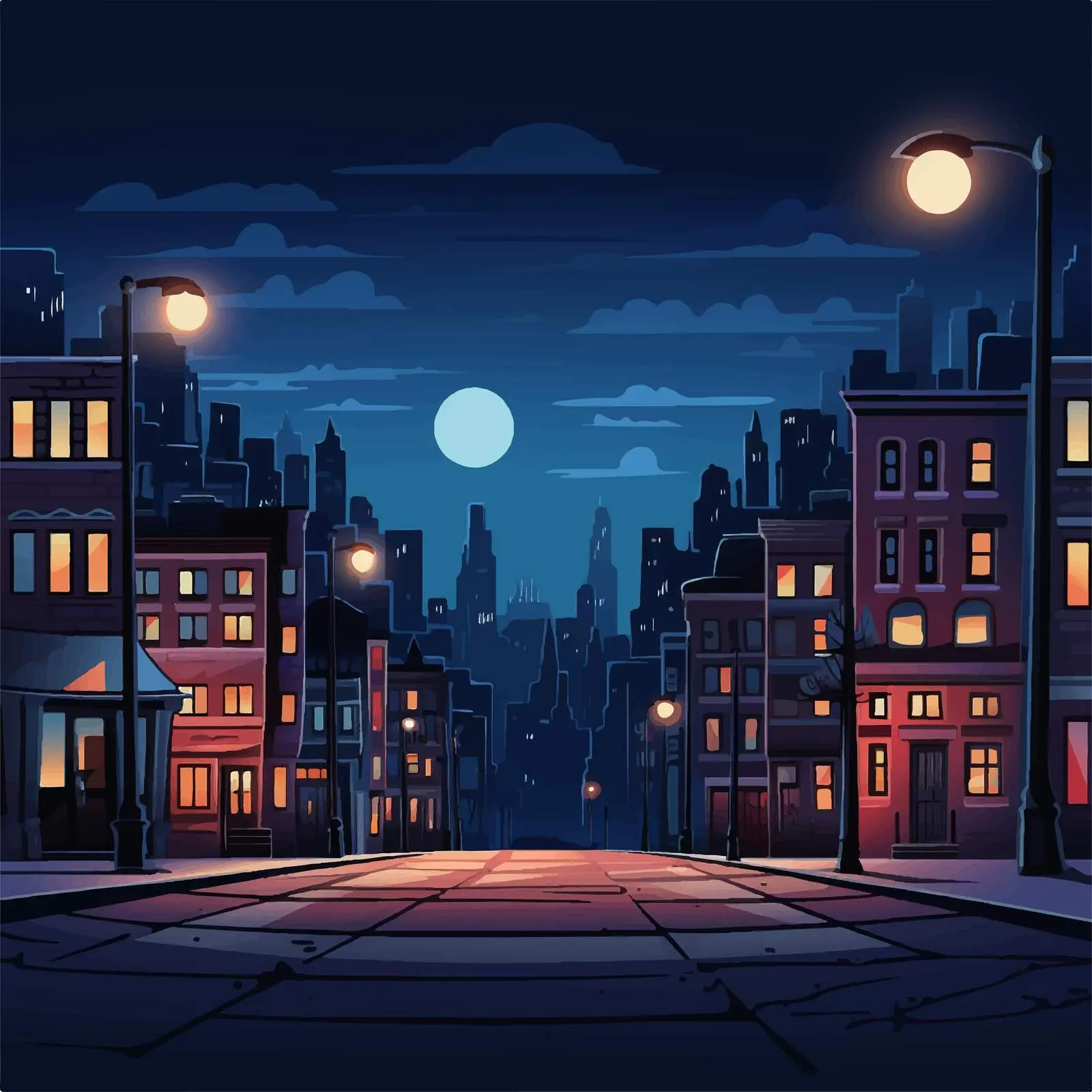 Deserted Night City Street with Illuminated Windows — free download from Dotvec