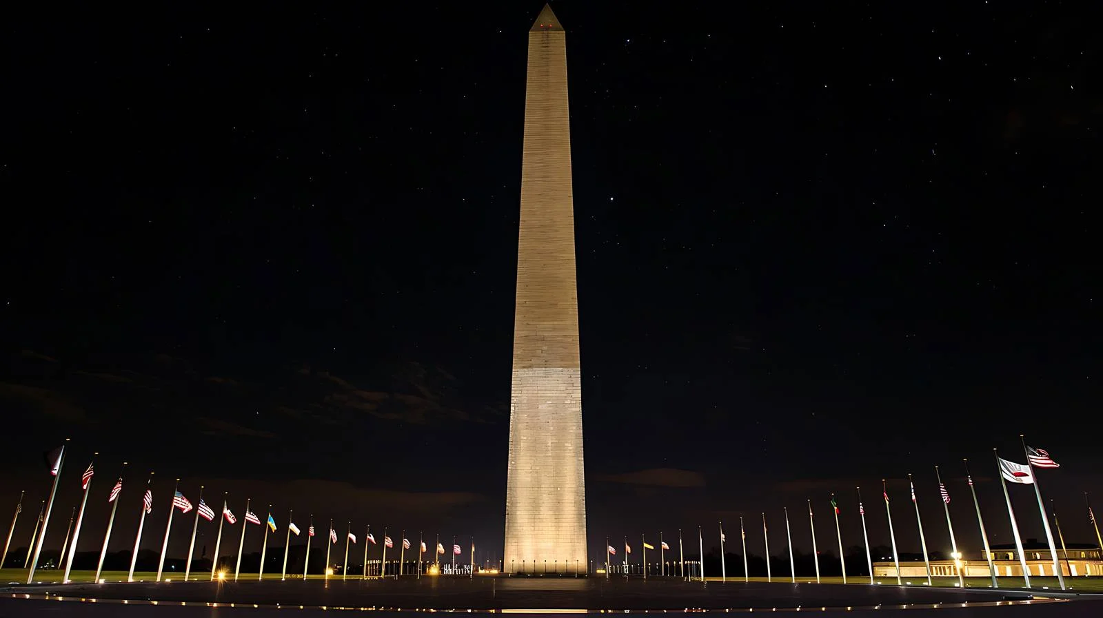 Washington Monument Night View with Base Flags — free download from Dotvec