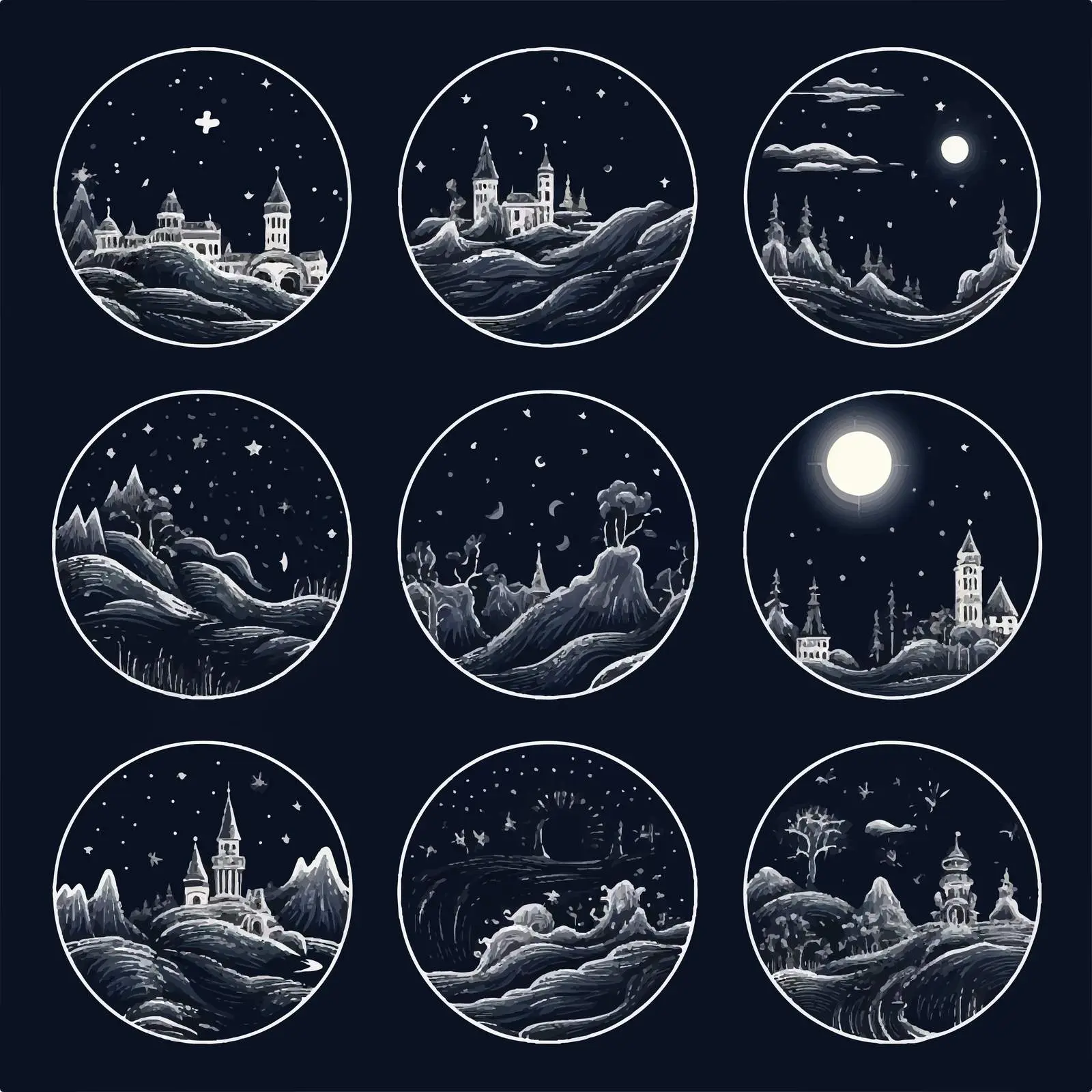 Medieval Engraving Style Night Sky Backdrops – free background graphics image from Dotvec