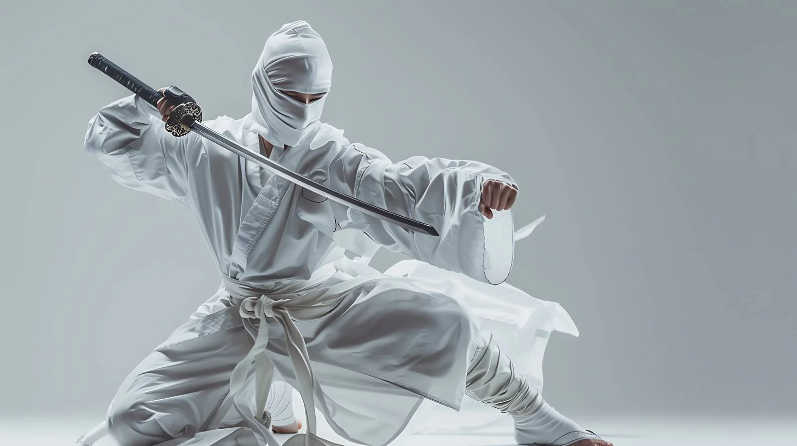 Male Ninja Strikes Pose on Gray Background — free download from Dotvec