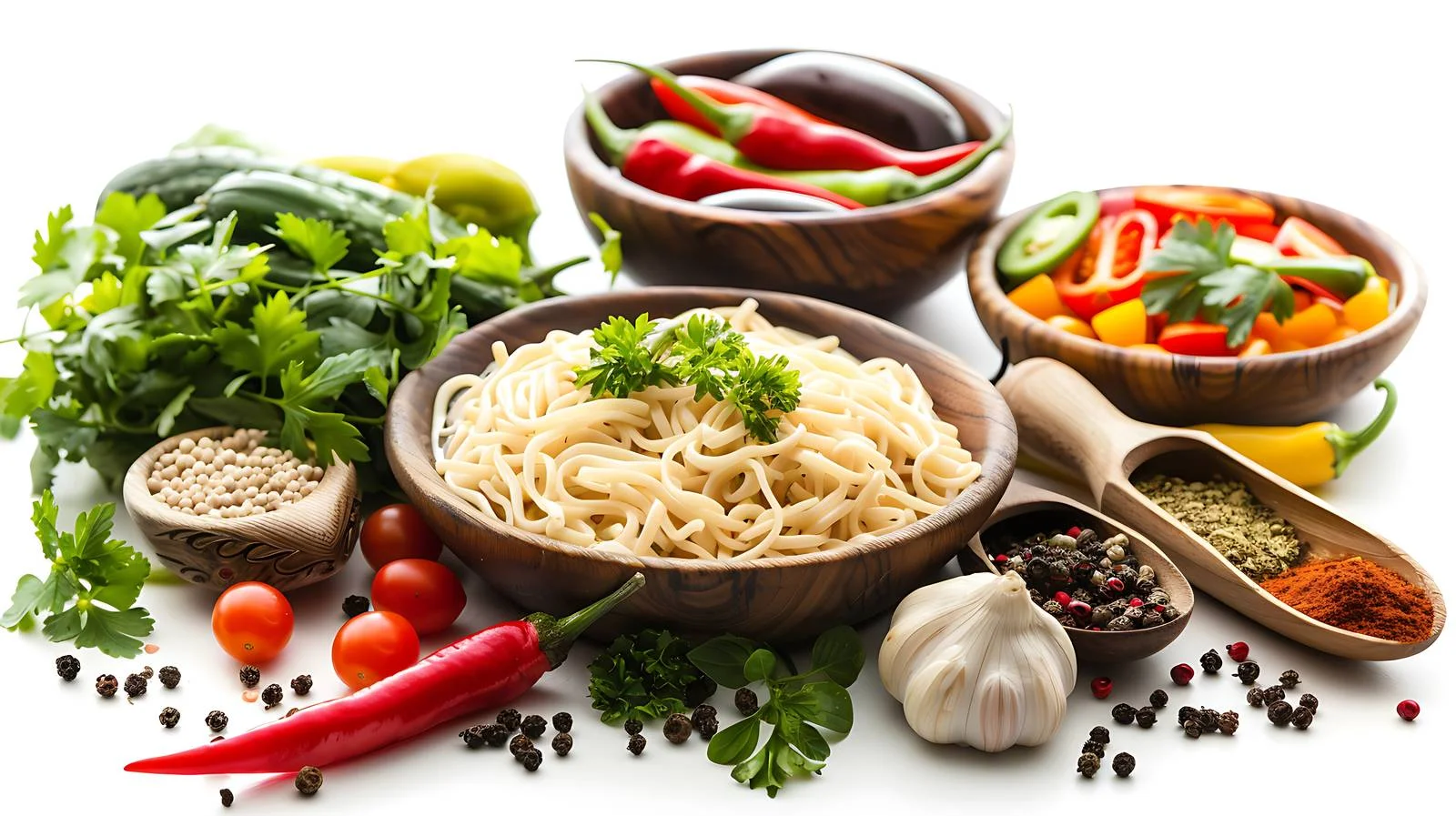 Vibrant Vegetable Noodles on Wooden Surface — free download from Dotvec