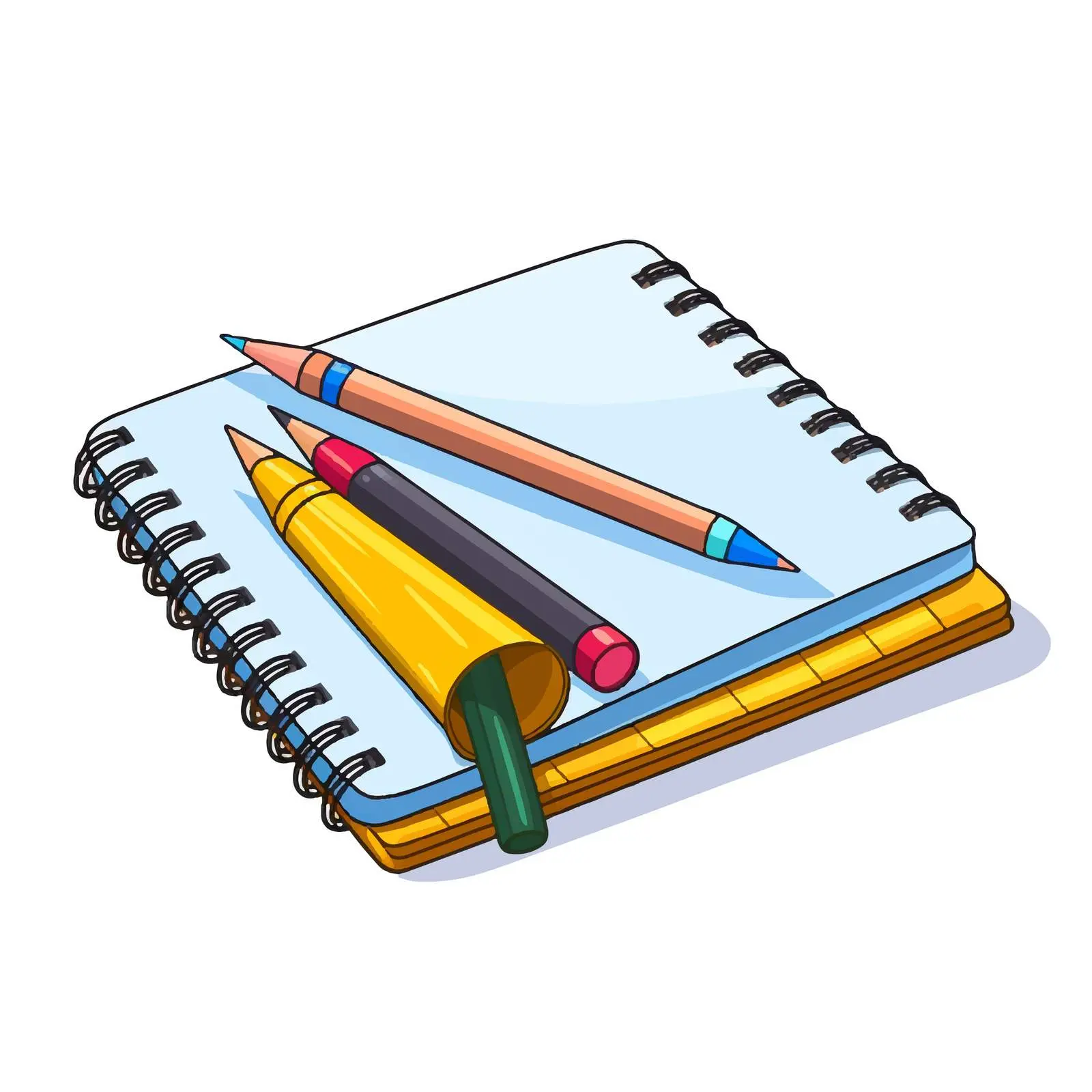 Cartoon School Notebook with Pencil and Pens — free download from Dotvec
